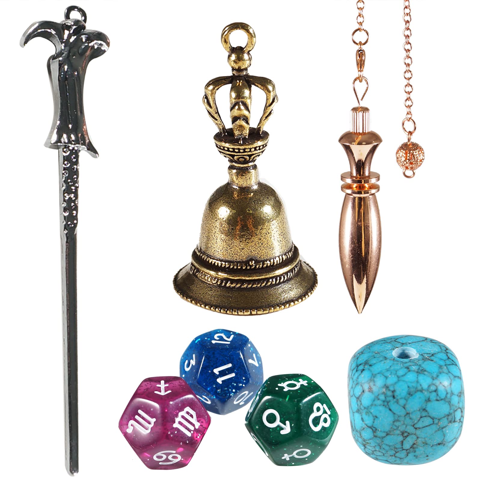 Divination 7PCS Set, Includes 3pcs Crystal Divination Dices, Demonic Divination Bell, Rose Gold Plated Conical Bullet Pendulum Pendant, Magic Wand and Blue Turquoise Incense Stick