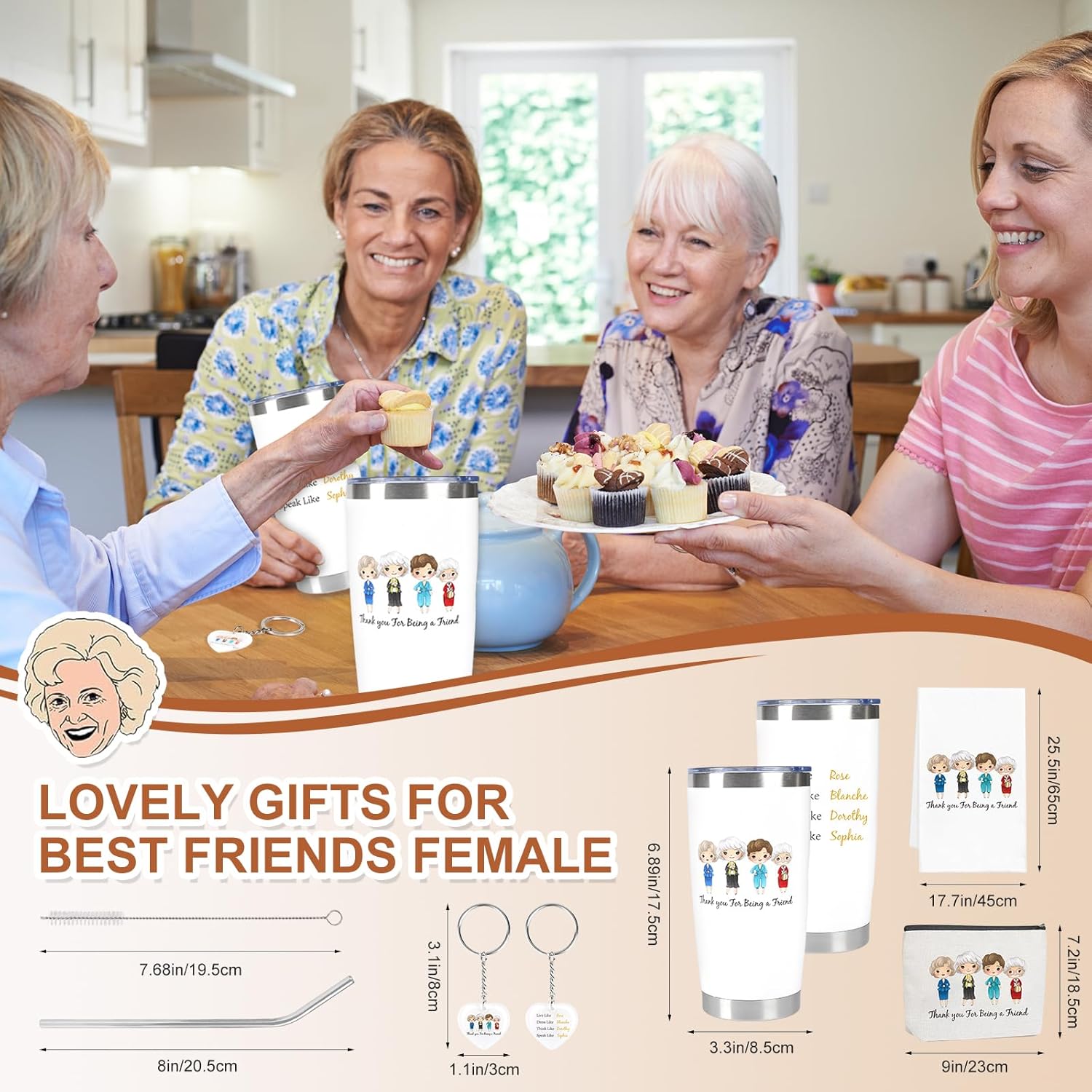 Thank You for Being A Friend Gift Set Golden Friend Gifts for Women Friendship Gift Mug Makeup Bag Acrylic Keychain Towel Set for Friends Girls Thank You for Being A Friend - Image 2