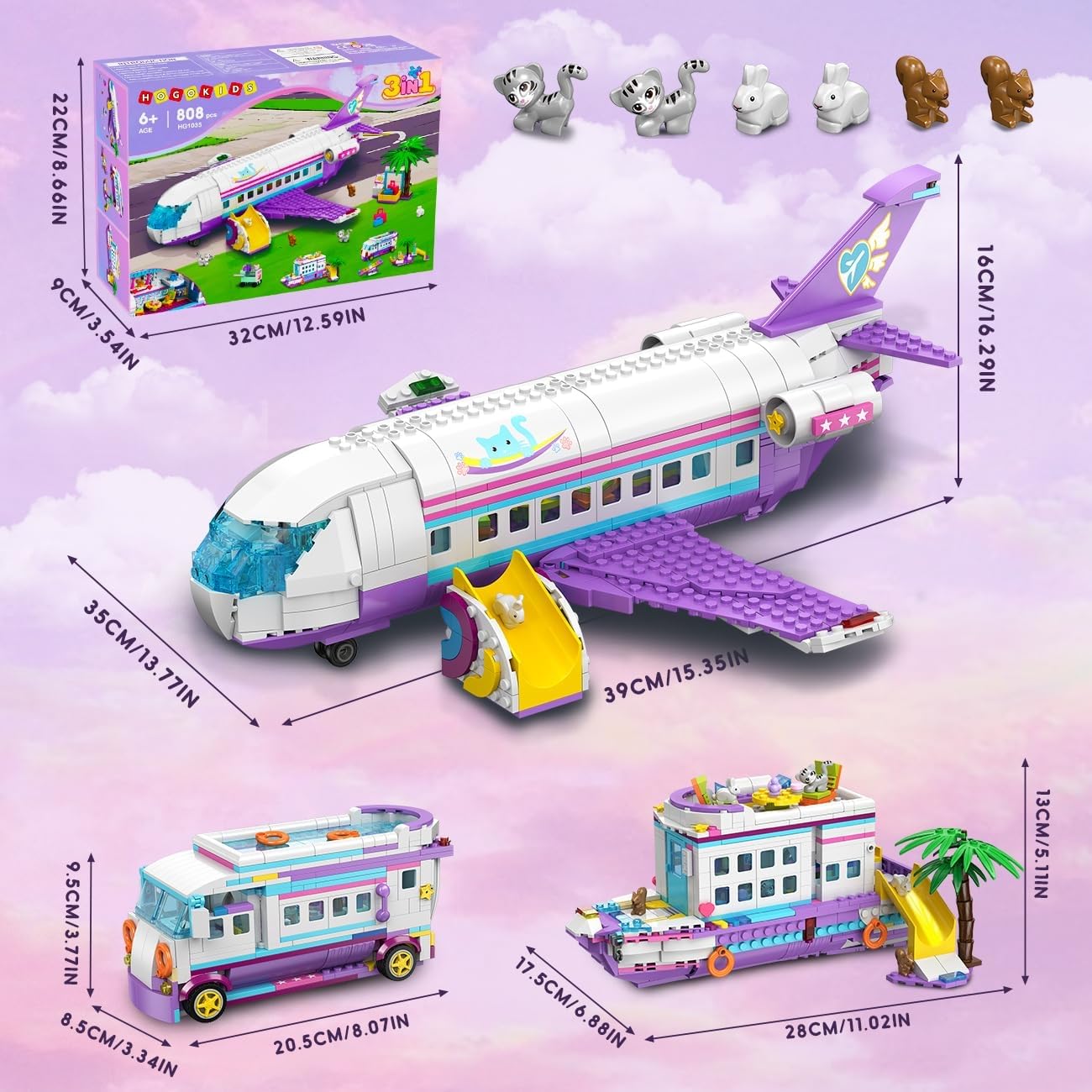 HOGOKIDS 3 in 1 Friends Aereo Giocattolo da Costruire - 808pcs Set di Costruzioni per Aereo/Barca/Camper con 6 Mini Animali Carini, Scivolo e Adesivi, Regali per Bambini Ragazzi Ragazze