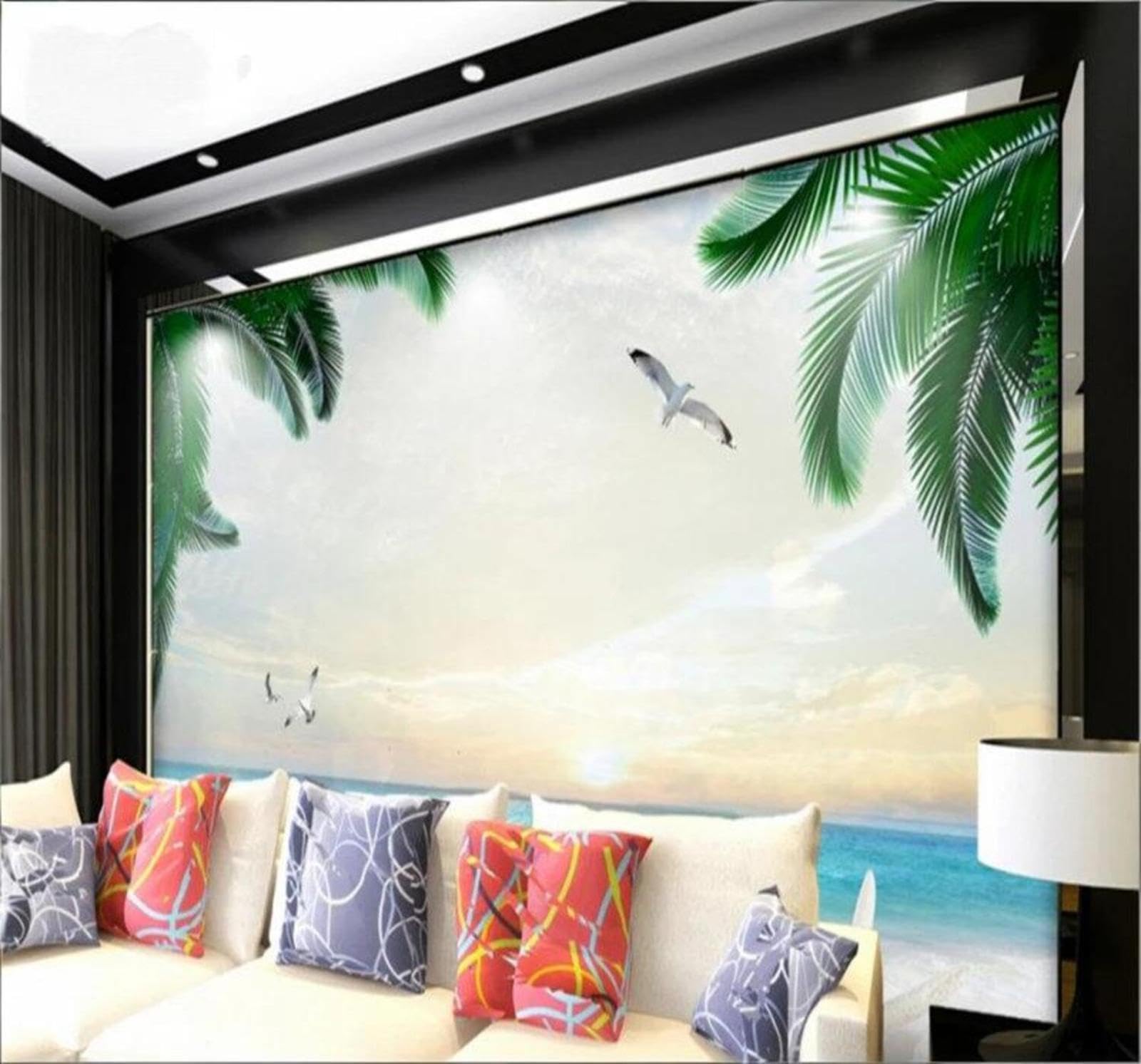 Xlming 200Cm×140Cm(B×H) Romantic Beach Sea Green Leaves Scenery 3D Wallpaper Luxury Silk Study Dining Feature Sofa Grey Bedroom Living Room Tv Decorative Wall-200Cm×140Cm