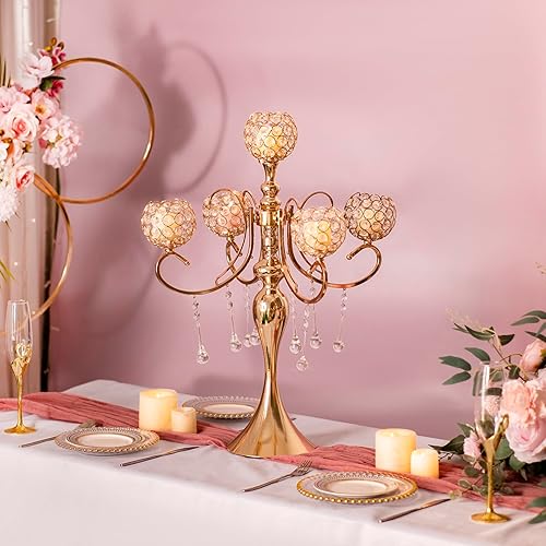 Miniatura 10 de LANLONG Portavelas dorados para centro de mesa, 7 brazos de alto, candelabro de cristal para decoración del hogar, boda, decoración de Navidad,