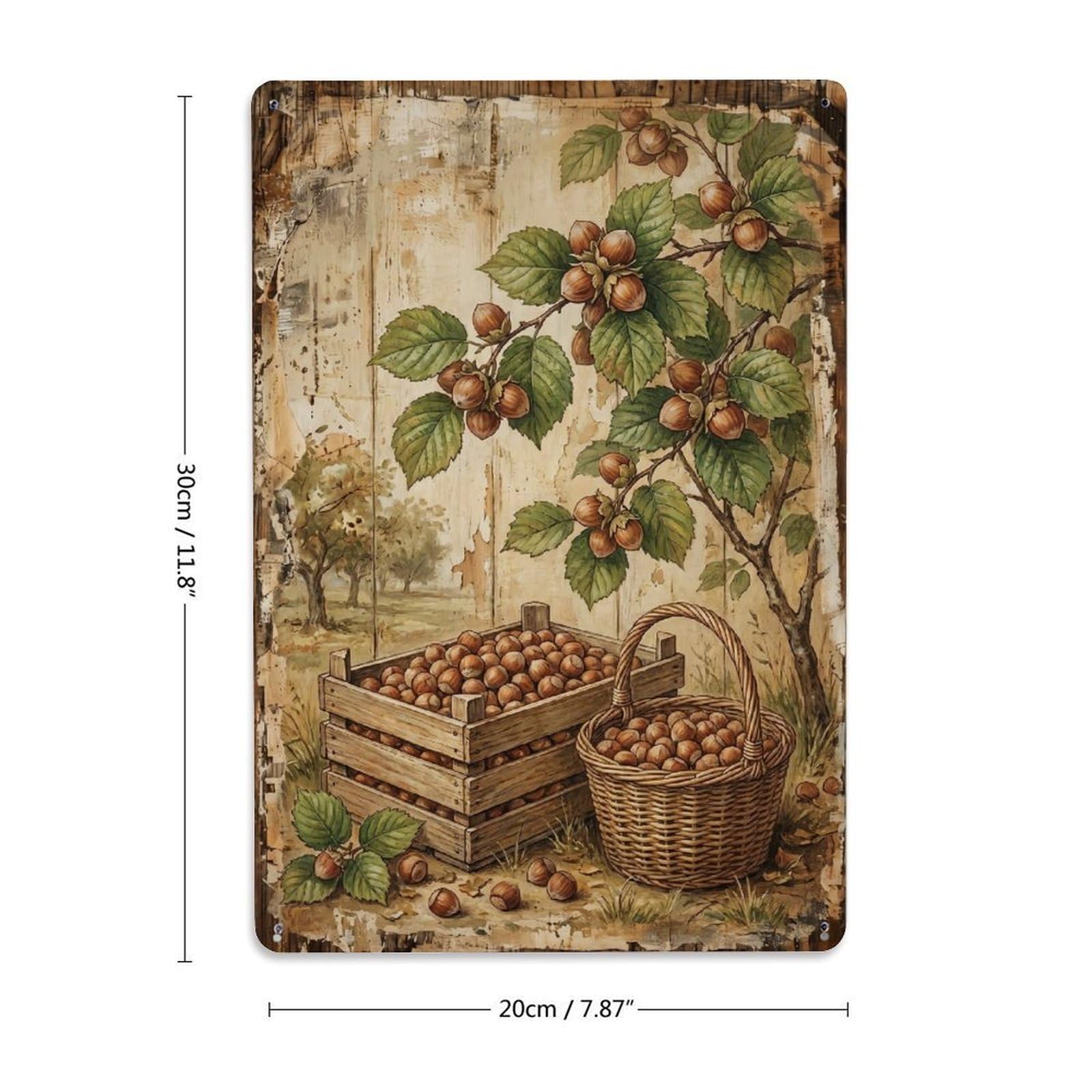 Hazelnut Orchard Harvest Brown Nut Countryside Tree Vintage Metal Tin Sign Plaque Wall Decor for Cafe, Club, Garden Metal Poster 8x12Inch