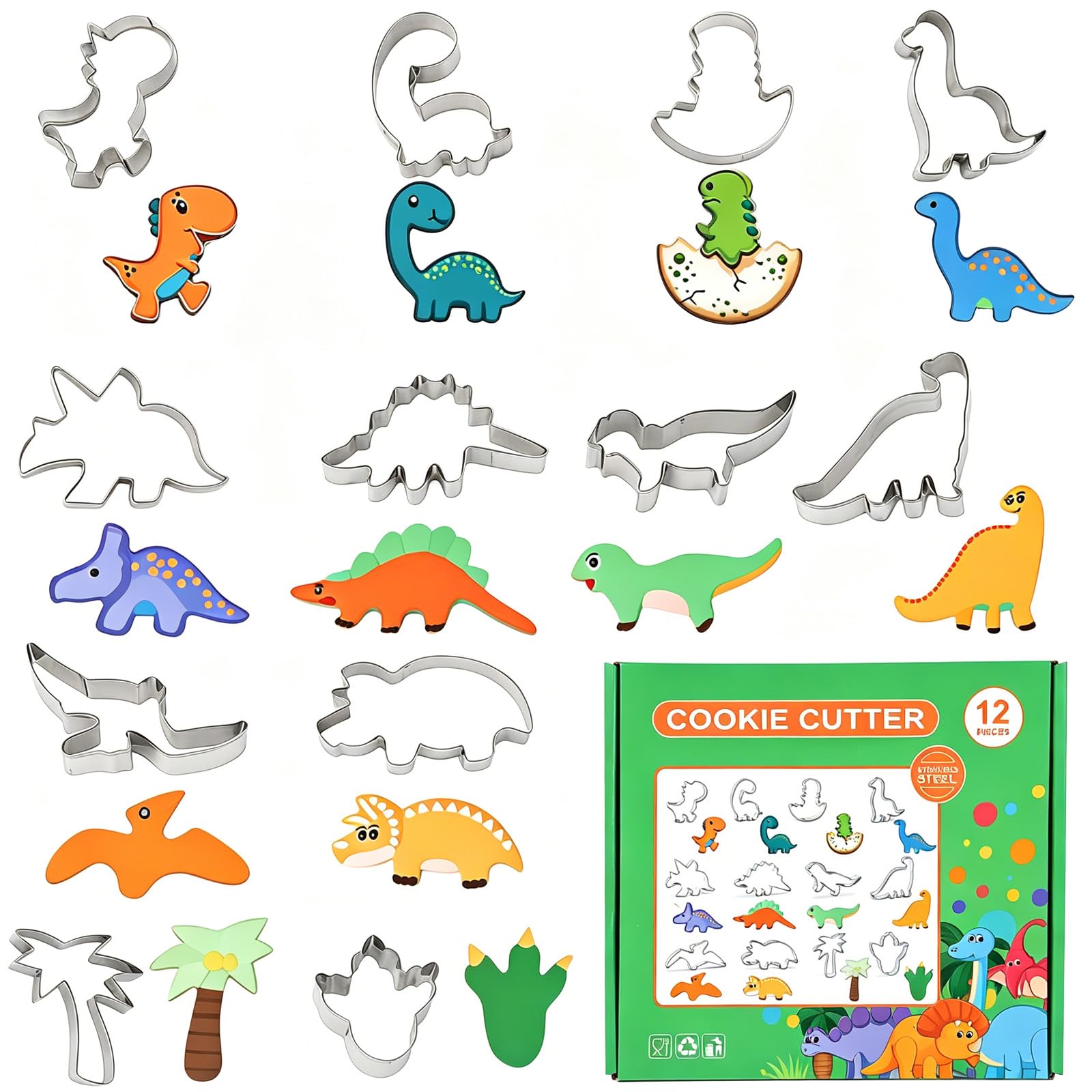 Consnew 12 Pcs Dinosaur Cookie Cutters Set, Stainless Steel Baking Molds, Family Biscuit Tools for Pastry, Sandwiches, Fruits, Vegetables, Dinosaur Party Supplies for Birthday & Themed Events