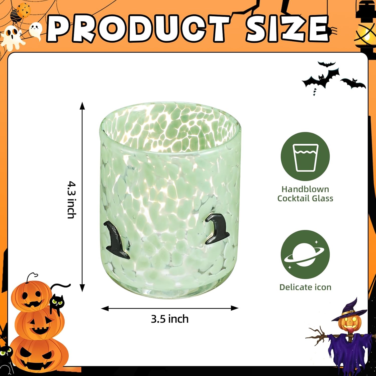 Roshtia 2 Pcs Halloween Icon Glass Cups - 14oz Witch Hat Icon Juice Glass Double Old Fashioned Hand Blown Drinking Cups for Halloween Home Party Supplies Gift