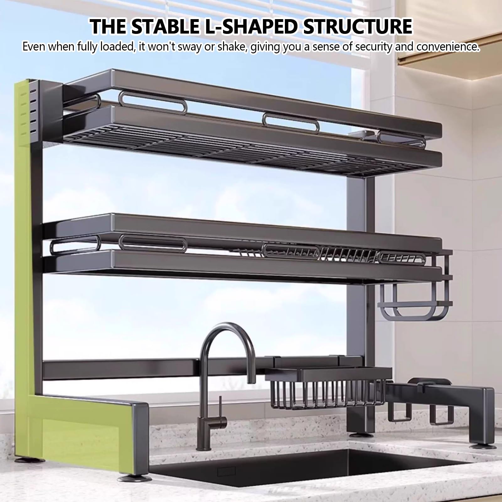 Doppellagig - Soporte de cocina con estante para cuchillos, escurridor de platos de 95 cm con Hoo, nizador de encimera para fregadero, escurreplatos que ahorra espacio.