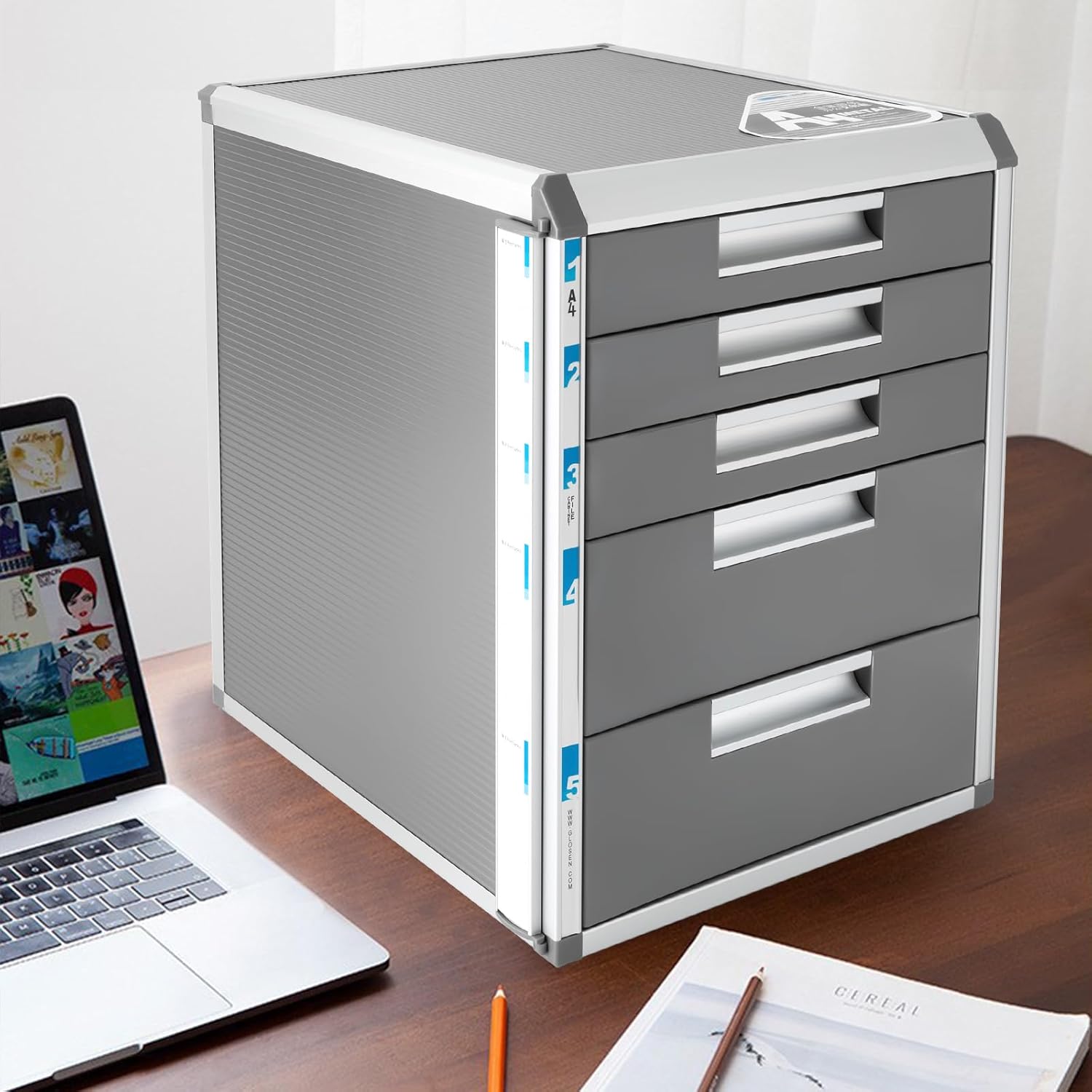 Drawer Organizer, 5 Layer Aluminum File Storage Lock Box, 12.4" L x 13.8" W x 16" H Desktop Drawer Organizer Aluminium Alloy Multifunctional Paper Sorter File Stand for Home Office Accessories