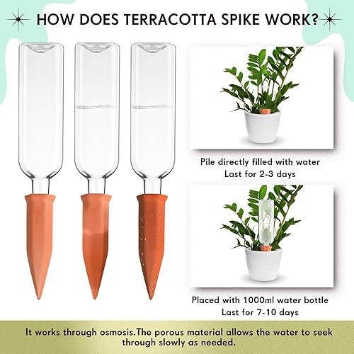 Miniatura 3 de Dandat Dispositivos de riego de plantas, 4 picos de riego de terracota, 4 botellas de plástico de 34 onzas, inserto de maceta de riego automático,