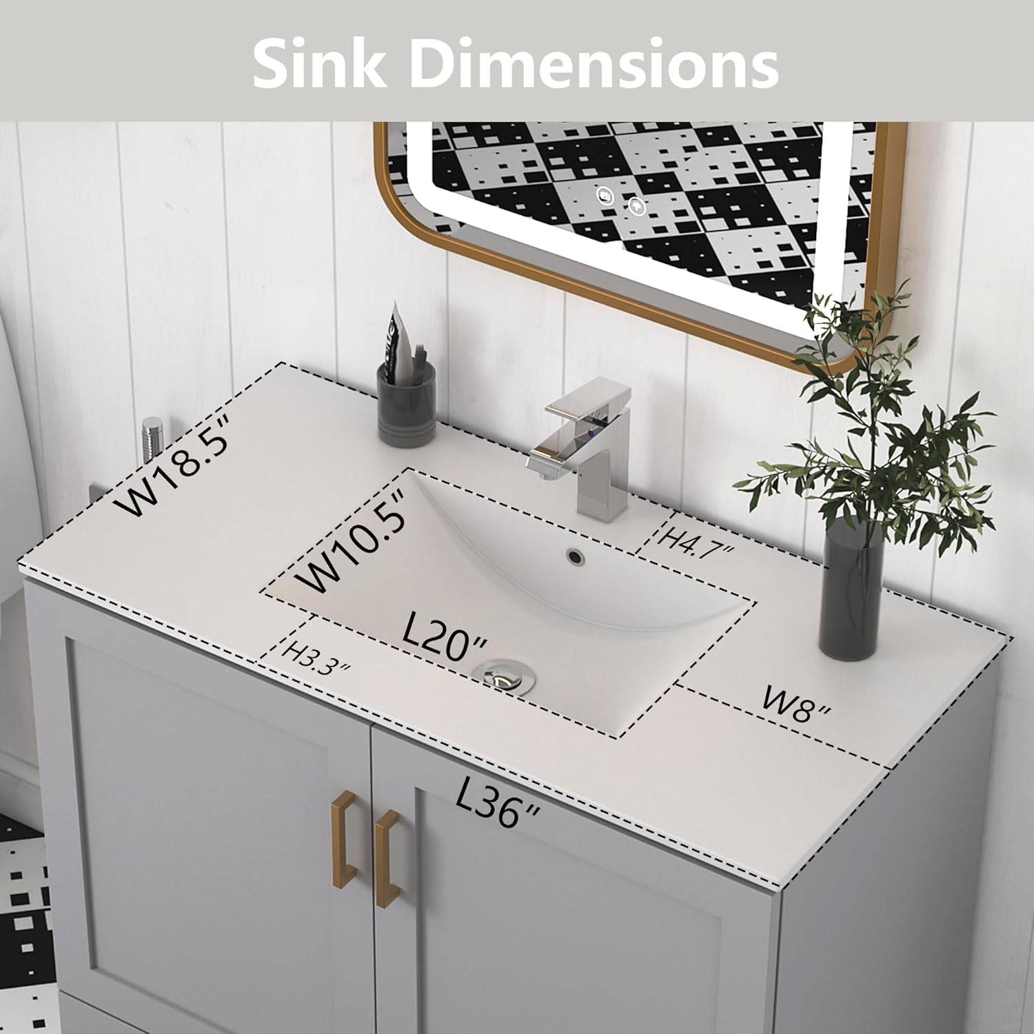 36" Bathroom Vanity with Ceramic Undermount Sink - Freestanding 2-Door & 1-Drawer Storage Cabinet, Grey