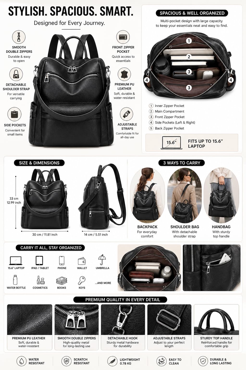 Craftwood Leather Backpack for Women | Large Capacity | College and Office use | PU Leather | shoulder bag for Ladies, Black 1