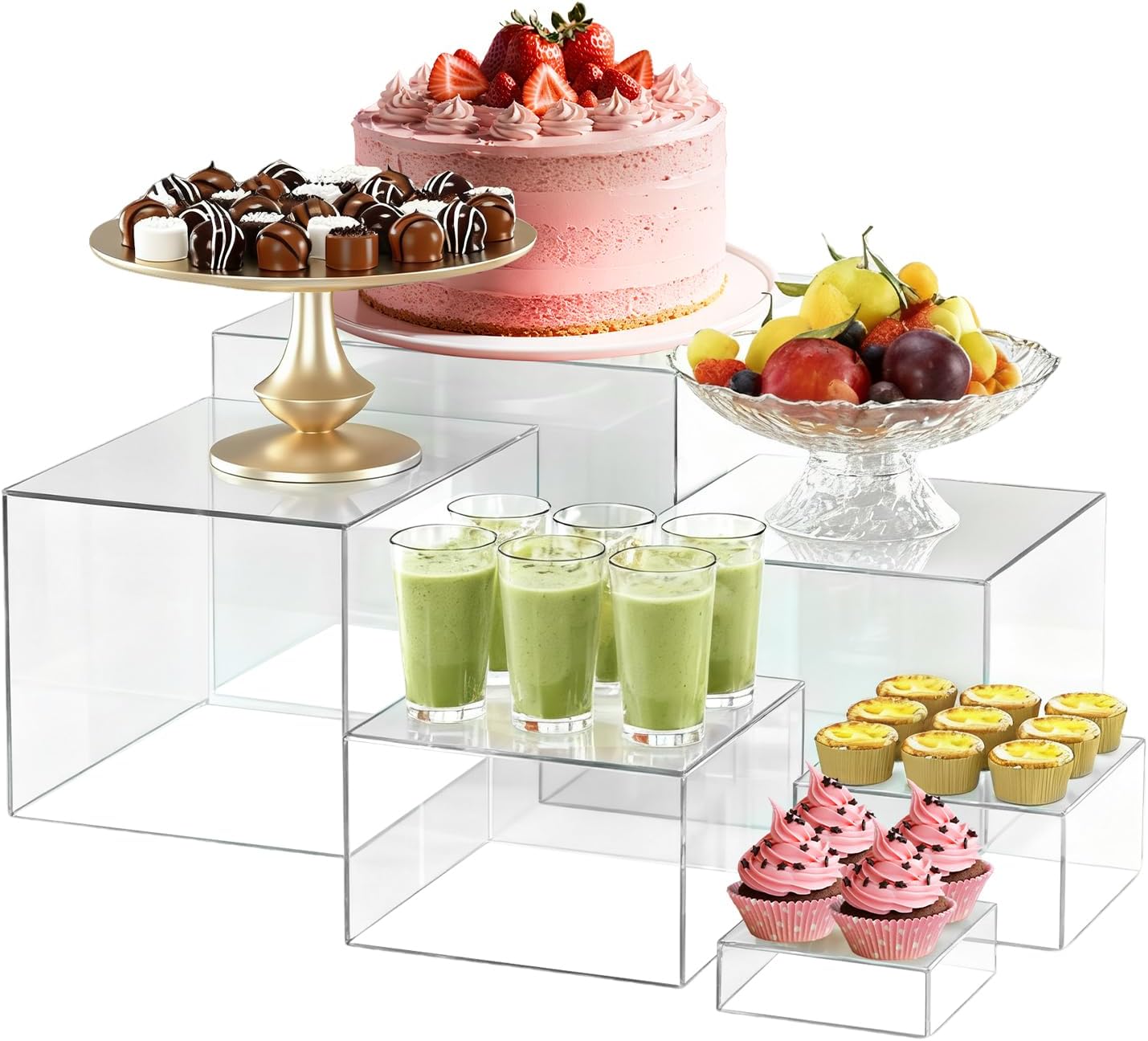 Cupcake Stand Buffet Risers, 6PCS Clear Acrylic Display Stand Boxes Cubes, 6 Sizes (3-8 Inch), Stackable Display Stands, Cube Food Stands for Dessert, Cupcake, Candy, Jewelry, Collectibles, Party