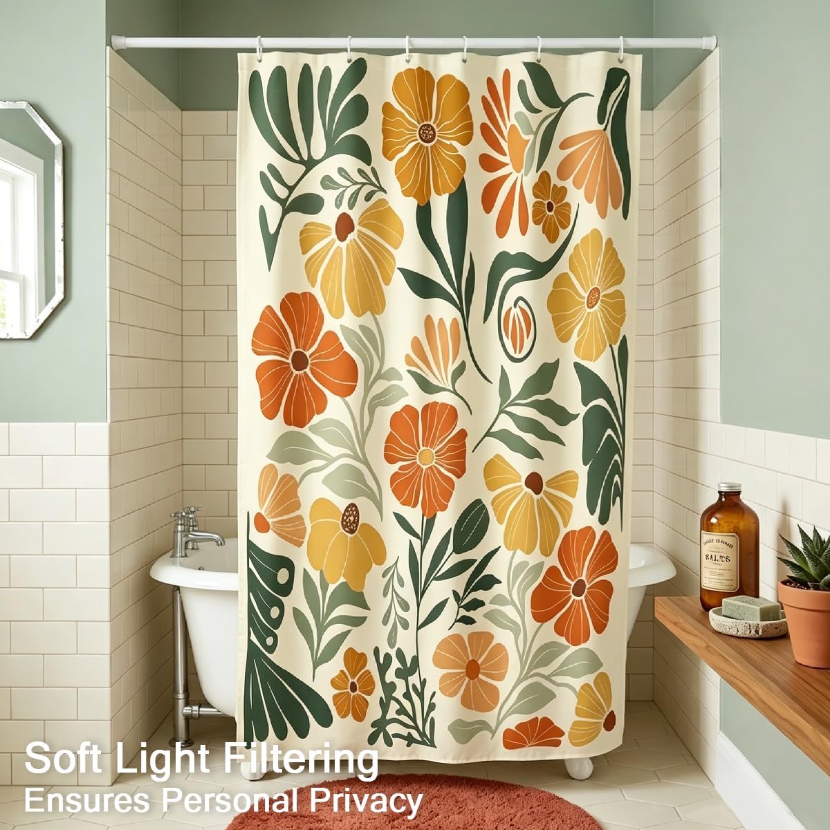 Boho Floral Shower Curtain Stall Small Half Single Mini Vintage Retro Orange Flower Cute Colorful Fun Abstract Pretty Aesthetic Fabric Cloth Bathroom Decor Set 36x72 inch Polyester 7 Hooks image 4