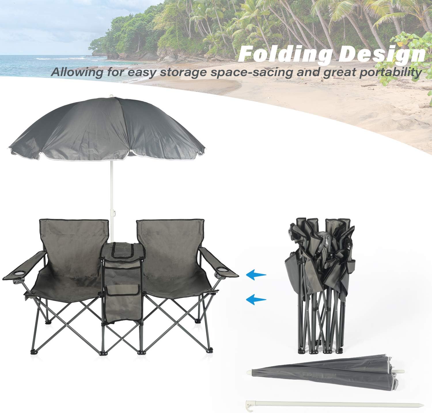 YILI Double Folding Camping Chairs, Portable Camping Chairs w/Removable Umbrella Mini Table Cooler Bag, Outdoor Picnic Double Folding loveseat Camp Chairs for Beach Patio Pool Park (Grey)