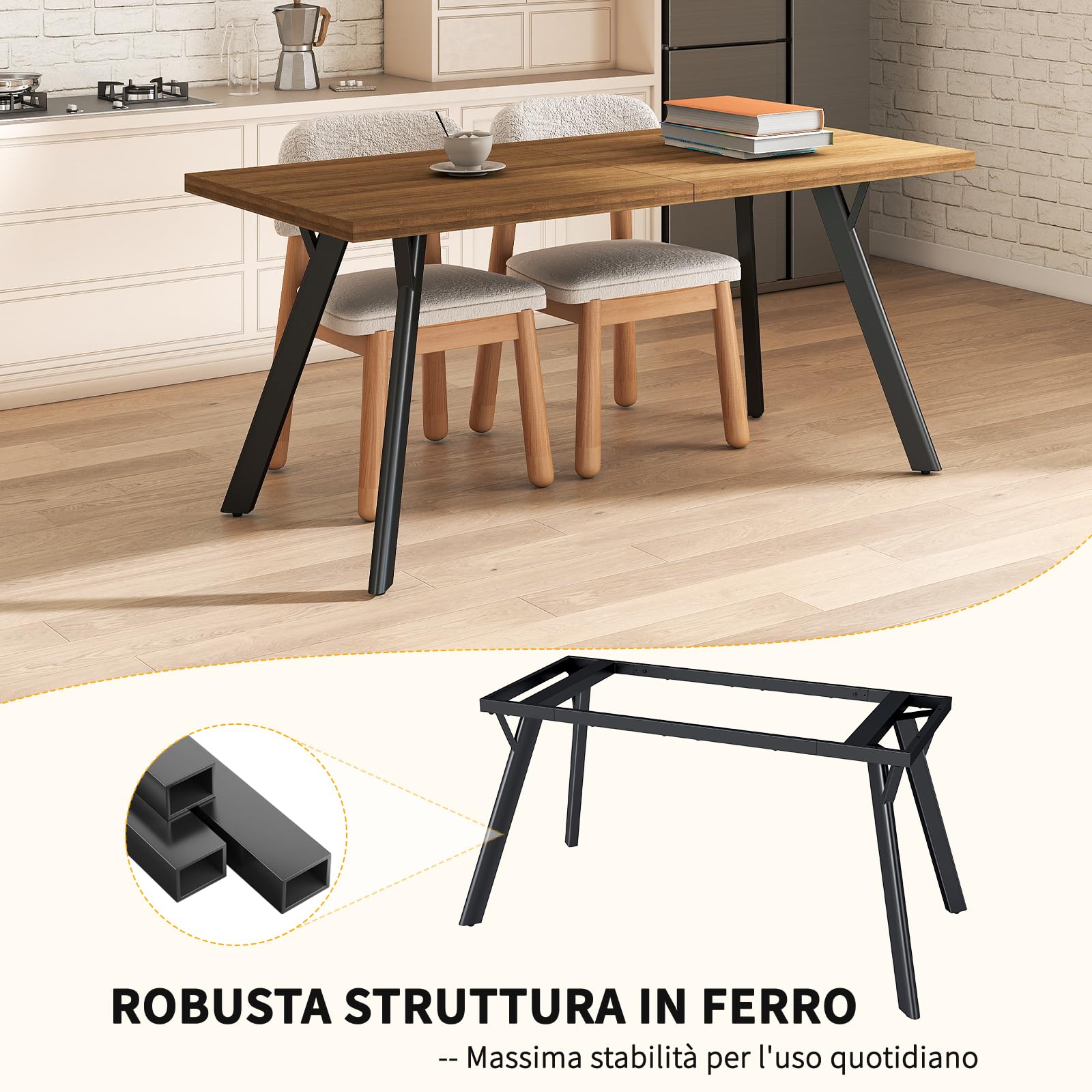LEWE Tavolo da Pranzo Rettangolare, Tavolo Cucina in Legno, 160 x 80 x 75 cm per 6-8 Persone, Struttura in Metallo Solida, Tavolo Moderno da Cucina, Soggiorno e Sala da Pranzo, Marrone Noce