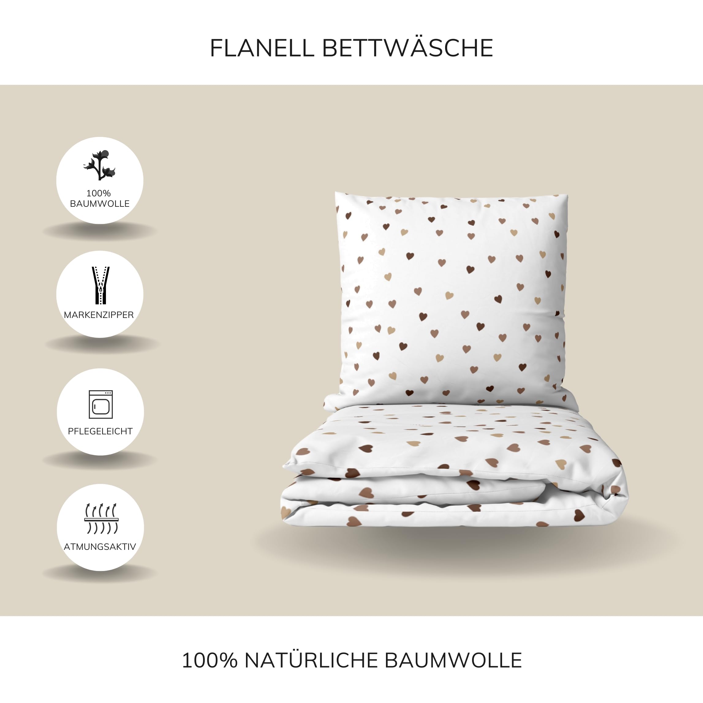 MTOnlinehandel Herzen Bettwäsche 155x220 + 80x80 – kuscheliger Flanell/Biber aus 100% Baumwolle, Öko-Tex Zertifiziert, Reißverschluss Little Heart Paris Print (155x220)