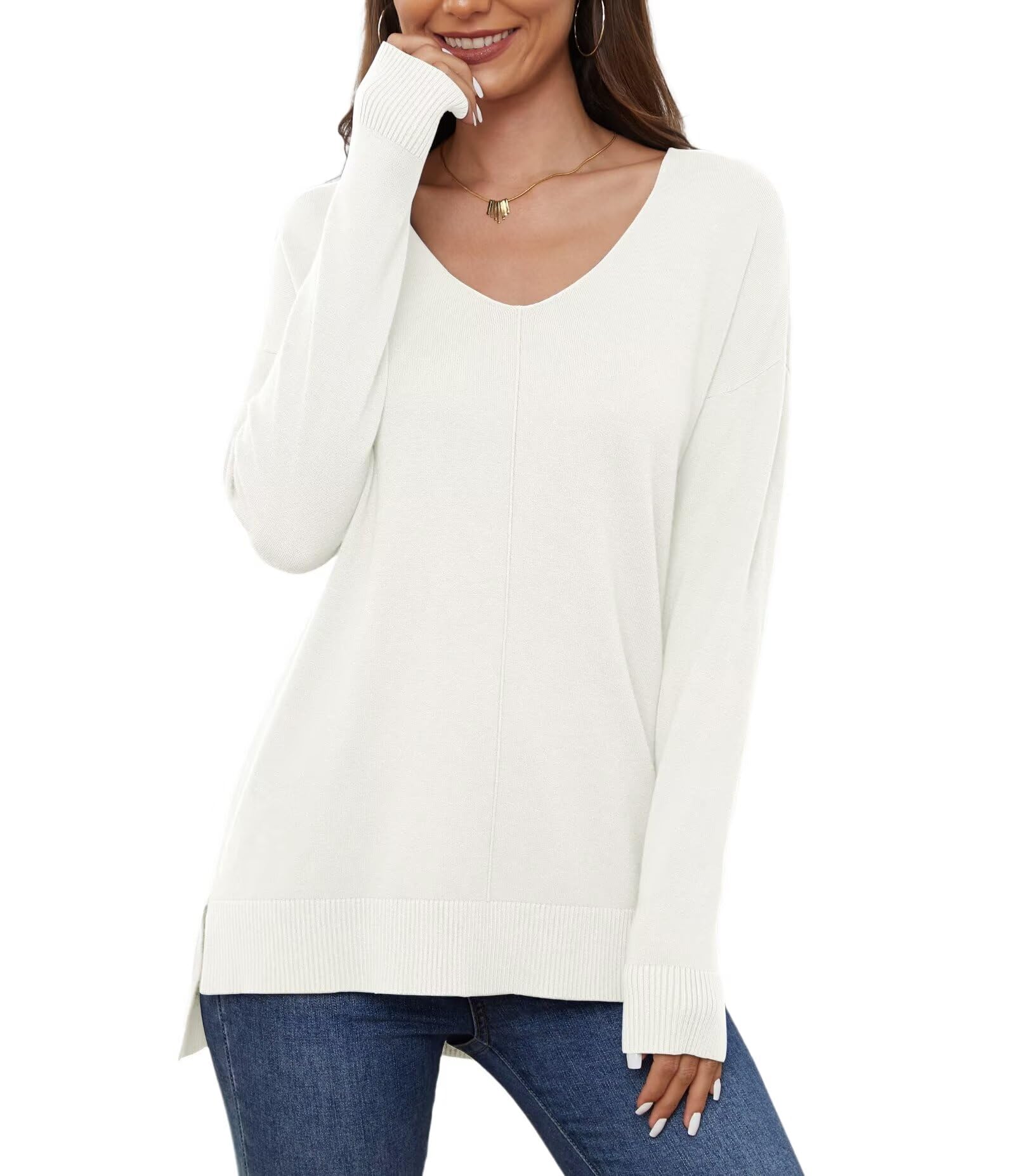 YGJIEGENG Pullover Damen V Ausschnitt Strickpullover Herbst Winter Sweatshirt Leichter Einfarbig Pullover Elegant Casual Oversize Warm Oberteile S-2XL