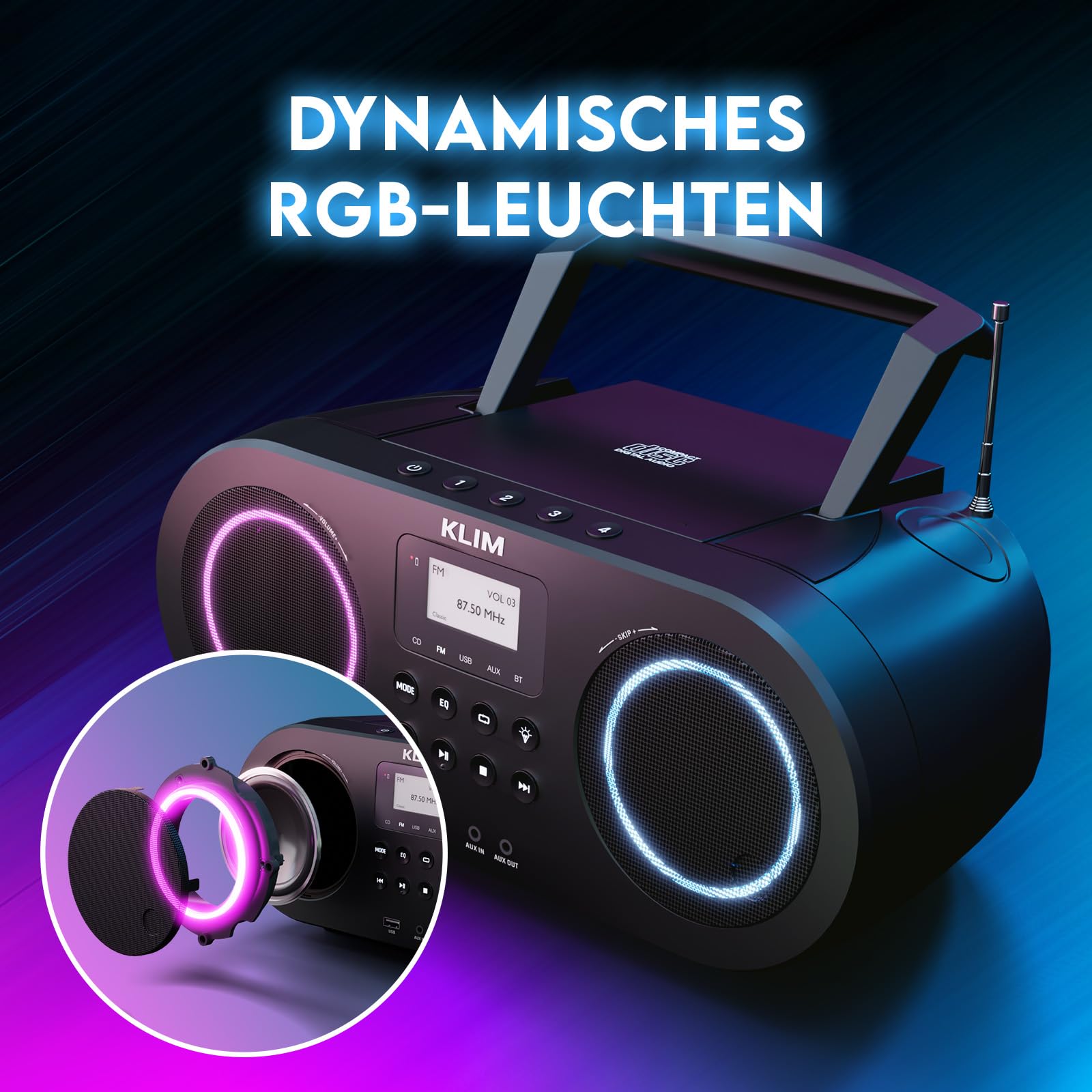 KLIM Boombox B5 Radio mit CD Player + FM Radio, Bluetooth, AUX, USB + NEU + CD Player tragbar mit kabellosem Modus und aufladbaren Akku + CD-Player mit Autosleep, Digital EQ