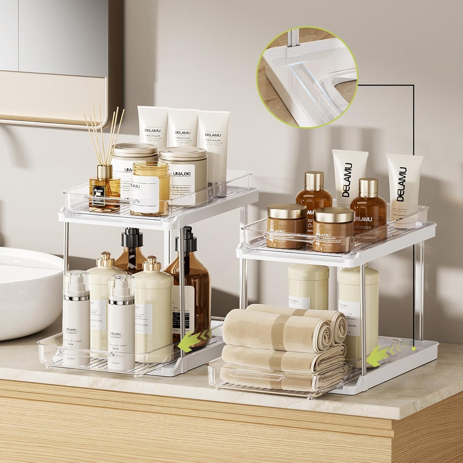 Delamu 2-Tier Bathroom Under Sink Organizers and Storage, Pull Out Cabinet Drawers with Anti-Slip Design & Two Sizes, Multi-Purpose Storage for Kitchen, Pantry, Bathroom & Home Organization, 2 Pack