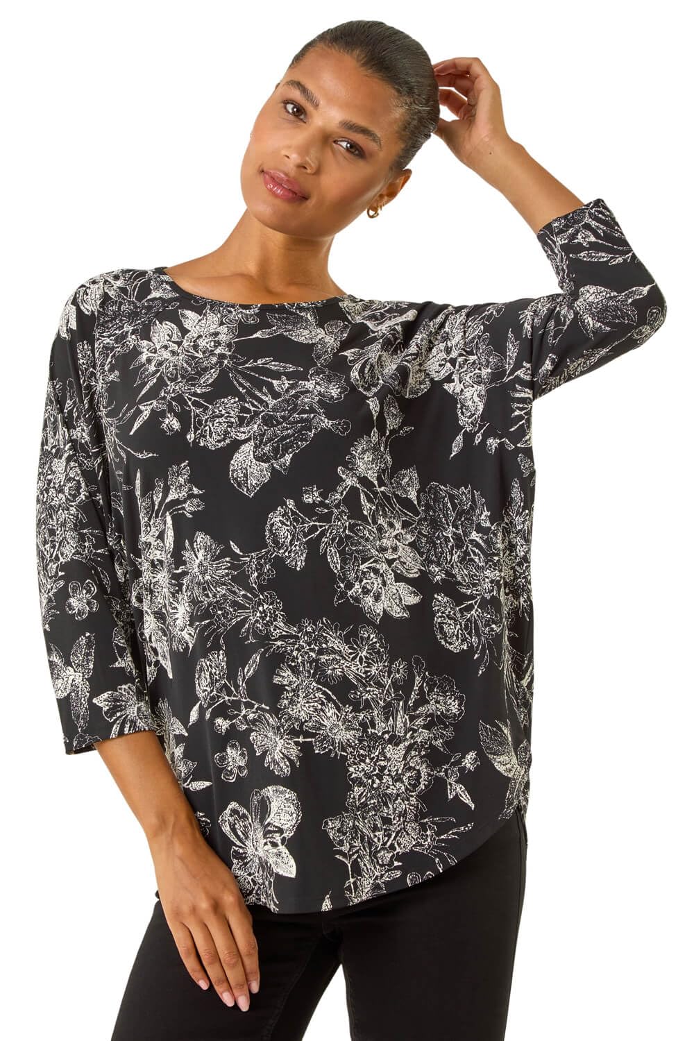 Roman Women's Black Floral Puff Print Stretch Top In | Size: 14