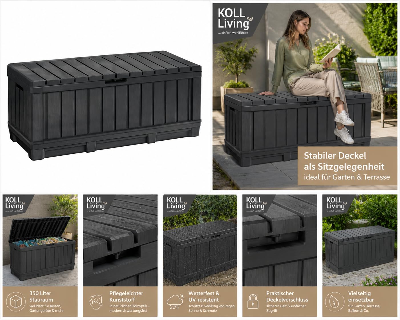 Koll Living Kentwood - Scatola da giardino da 350 litri, colore antracite, con funzione di seduta per cuscini, attrezzi da giardino o giocattoli per bambini, impermeabile e ben ventilato