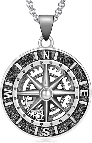 LES OSEWA Collar de brújula para hombre, plata de ley, con colgante de brújula negra, collar de viaje, brújula, joyería inspiradora de graduación