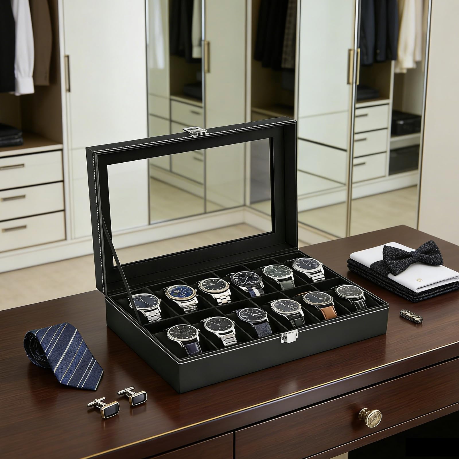 Boîte à Montres à 12 Emplacements,Présentoir à Montres,Boite Rangement Montre,Coffret à Montres avec Couvercle en Verre,Coussinets Amovibles,Cadeaux de Noël pour hommes et femmes