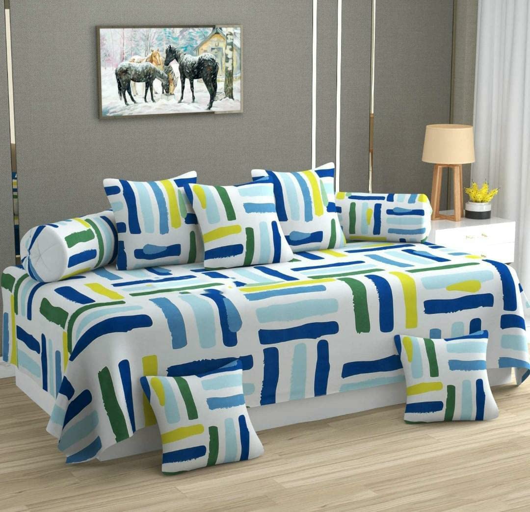 DWORTH 220 TC Premium Soft Cotton 8 Pieces Diwan Cover Set with Diwan Bedsheet, 2 Bolster Covers and 5 Cushions Cover, Color Multicolor-picture-46
