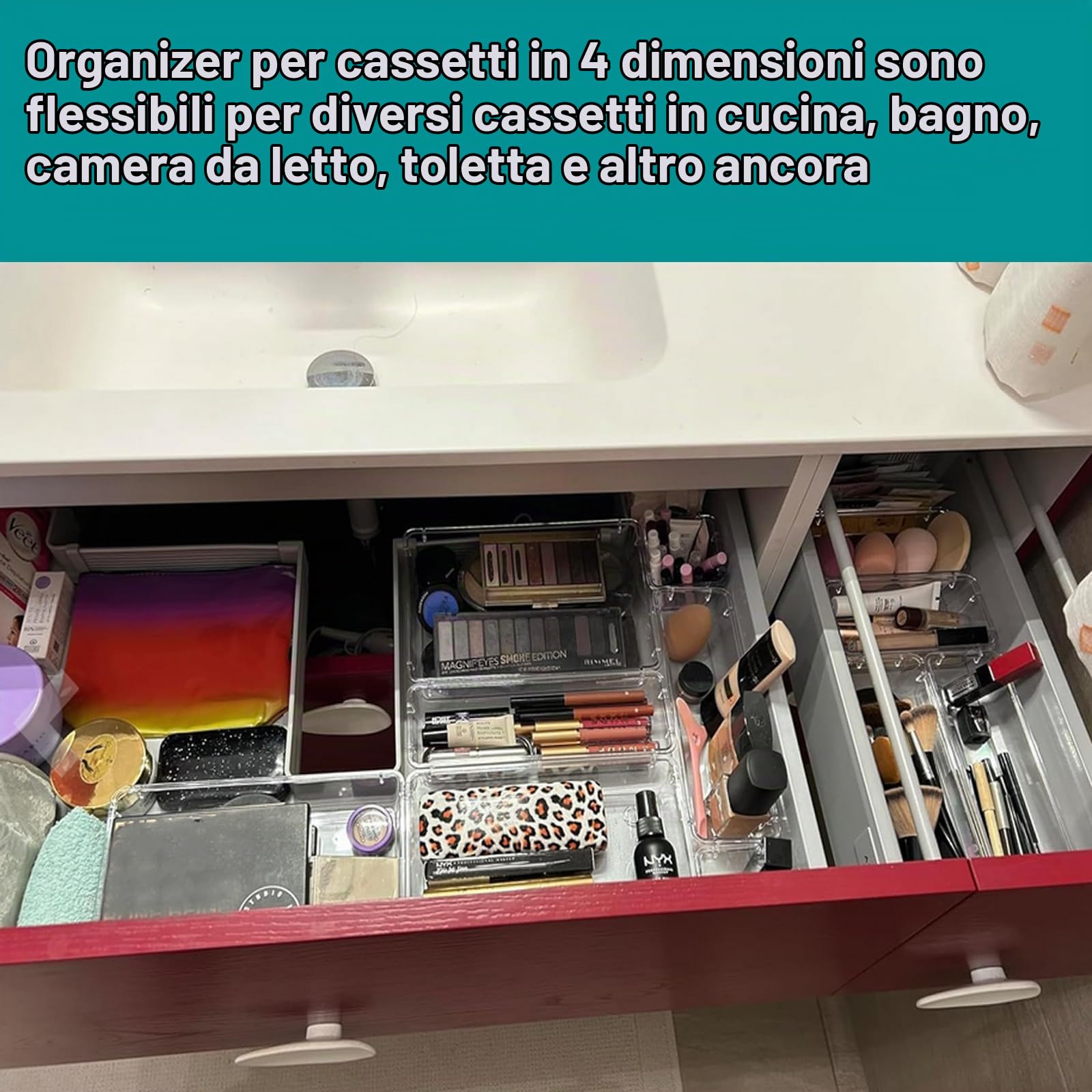 Organizzatore per cassetti da 36 pezzi con 4 misure, organizzatore per trucco, organizzatore per make-up, plastica trasparente, organizzatore per cassetti per scrivania, ufficio, cucina
