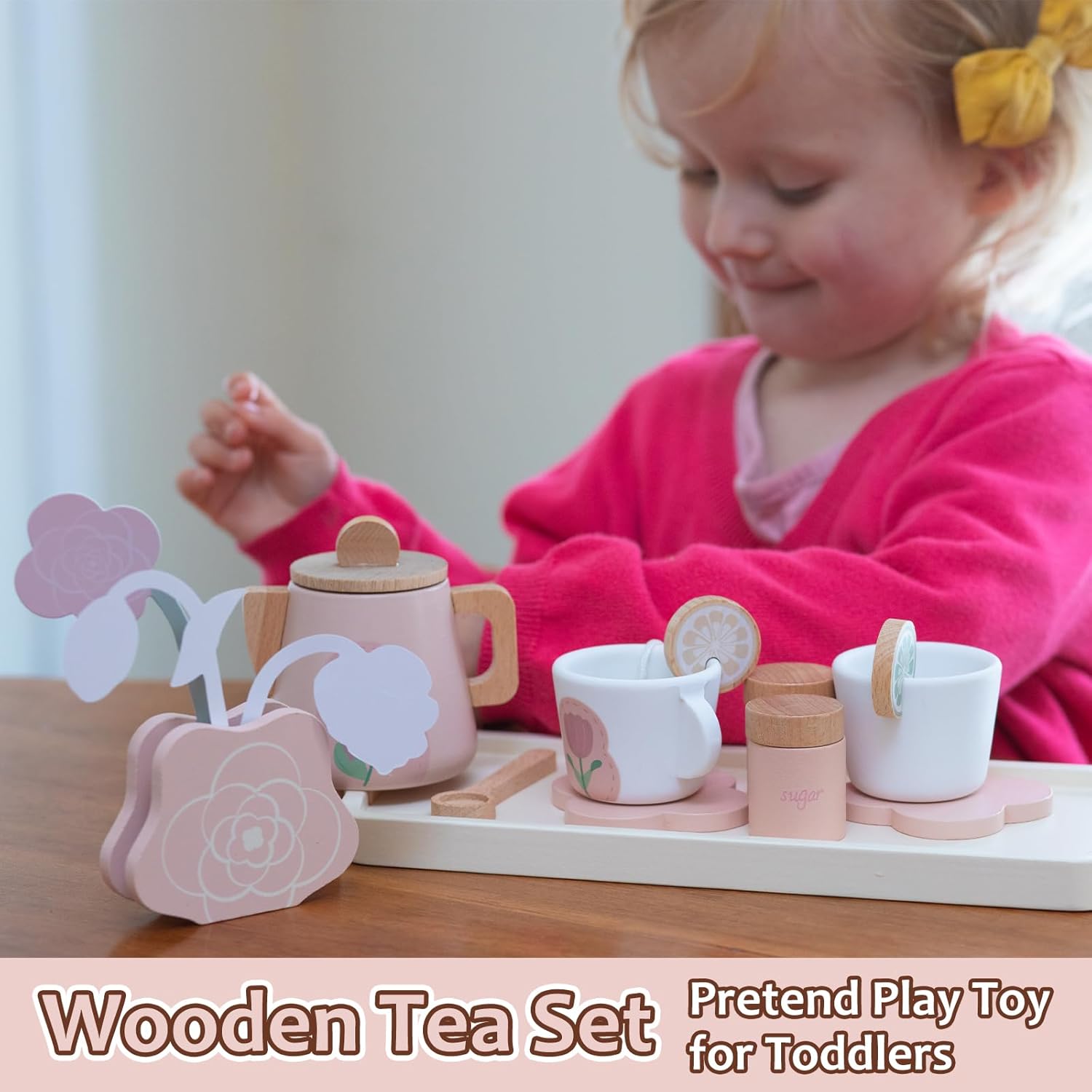 Wooden Tea Set for Little Girls, Pretend Play Tea Party Set Toy with 27 PCS Play Kitchen Accessories, Princess Tea Set Toy, Birthday Gift for Kids 3-5 Years Old, Improve Imagination - Image 2
