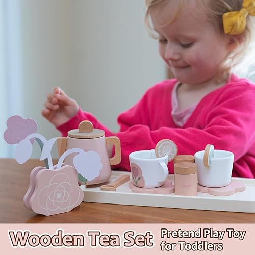 Miniatura 2 de Juego de té de madera para niñas pequeñas, juguete de juego de té con 27 piezas de accesorios de cocina de simulación, juguete de té de princesa,