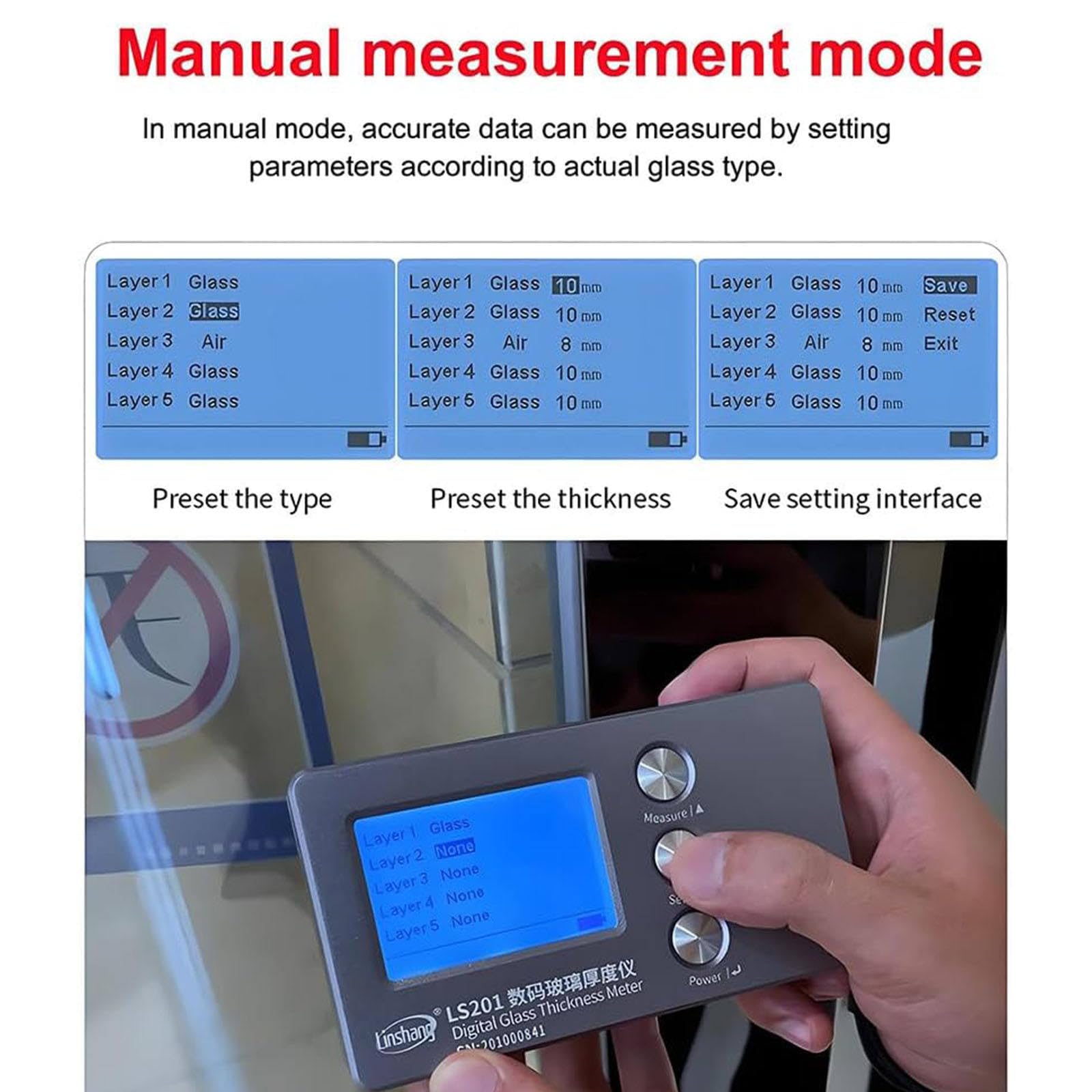Misuratore Digitale di Spessore del Vetro Tester per Vetro Cavo a Doppio Strato, Misura Spessore Fino a 70 Mm, Intercalare Aria 45 Mm, Precisione ± 0,1 Mm, Ideale per Finestre Isolate