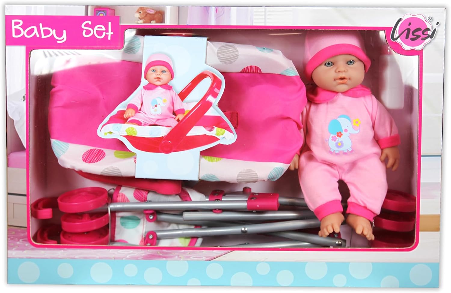 Lissi: 12" Baby Doll & Push-Carry Travel Set - Pink Elephant Onesie, Car Seat, Folding Umbrella Stroller, Feeding Bottle, Roleplay Toy, Kids 3+