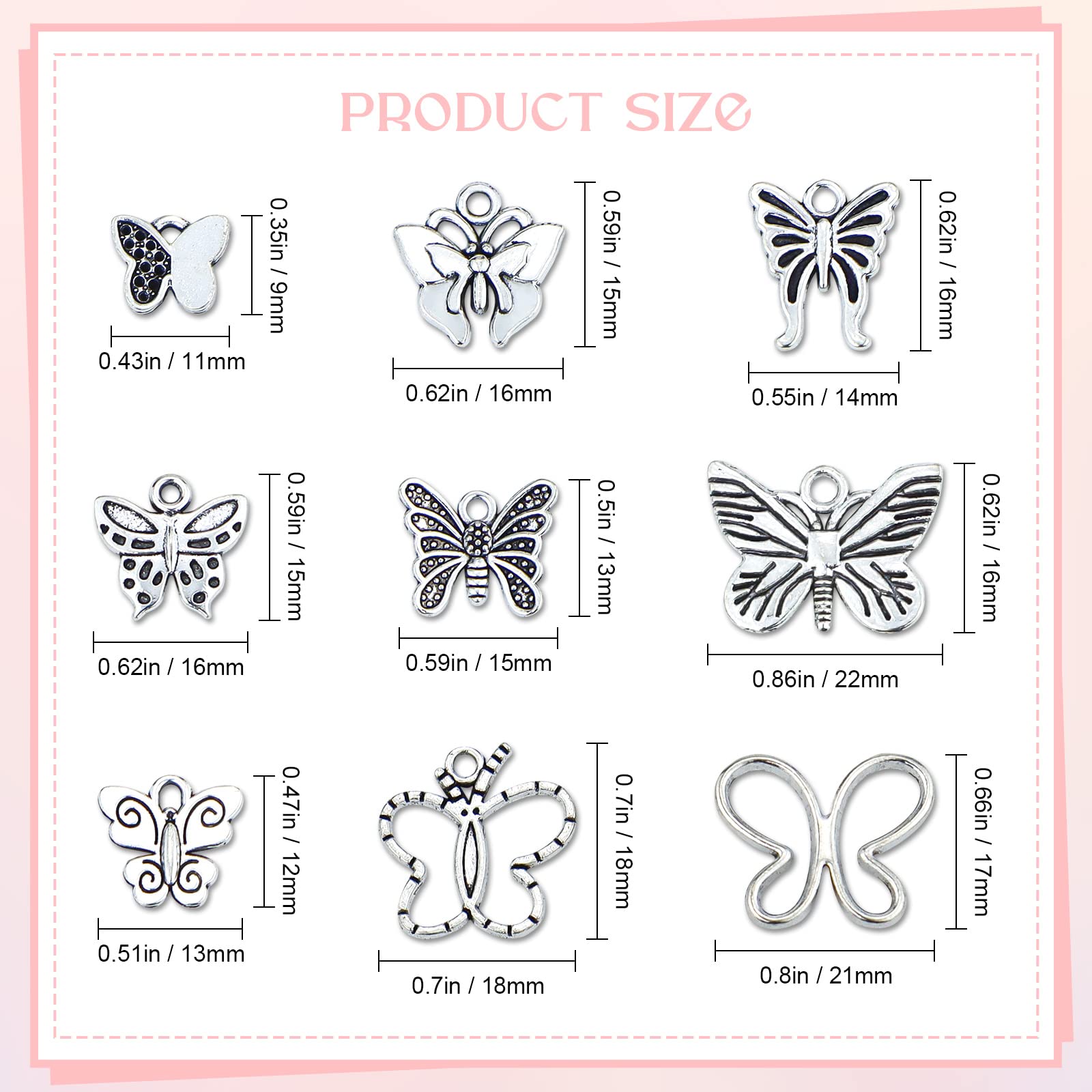 JIALEEY Butterfly Charms Beads Necklace Pendants DIY for Jewelry Making and Crafting, 60 PCS Tibetan Silver Plated Butterfly Charm