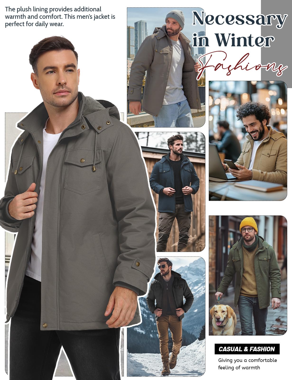 Xnova Chaqueta Hombre Invierno Abrigos Cálido Forro Polar Algodón Parka con Capucha Desmontable Chaqueta Militar Termica Cazadora Entretiempo Trabajo con Bolsillos Múltiples