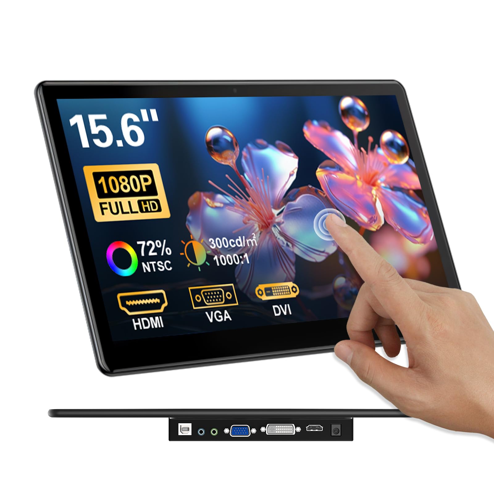 Monitor Touchscreen Portatile da 15,6 Pollici, Display FHD 1920×1080 IPS con HDMI, VGA, DVI, Supporto VESA, Monitor Touch Compatibile con Laptop, Smartphone, PC, PS5/4