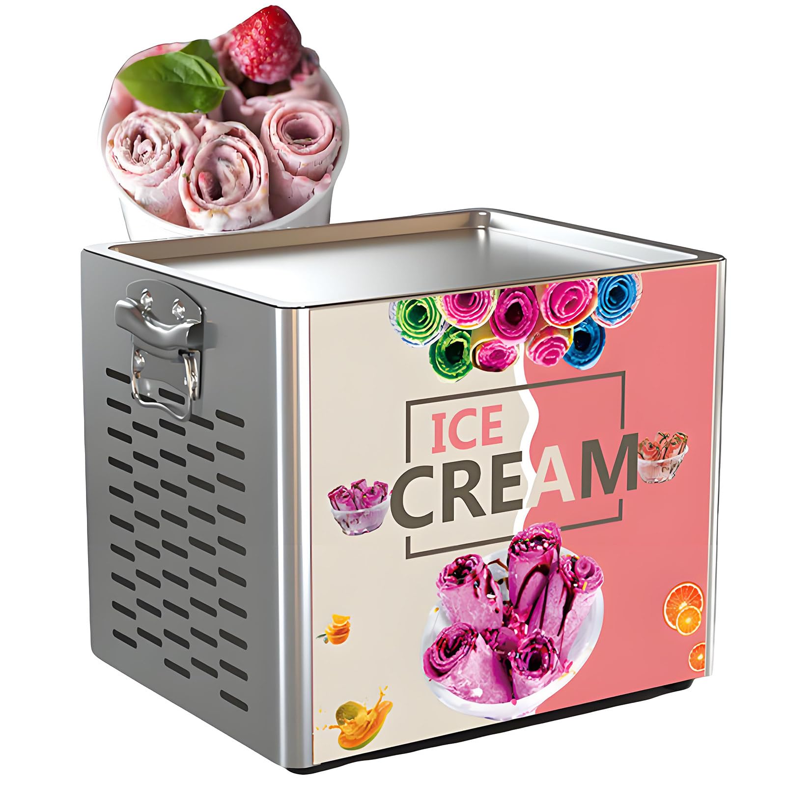 HuanSebesity Commercial Yogurt Roll Machine,Electric Stir-Fried Ice Cream Roller with 30x24cm Single Square Pan,High Efficiency Cooling Dessert Maker for Restaurant Bar Cafe