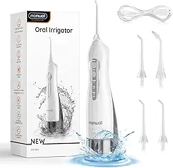 Fio dental sem fio Mornwell para dentes – Tanque de 330 ml e 4 pontas de jato, Irrigador oral dental portátil de 3 modos, cuidados com cintas, irrigador bucal portátil recarregável