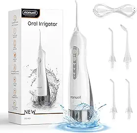 Fio dental sem fio Mornwell para dentes – Tanque de 330 ml e 4 pontas de jato, Irrigador oral dental portátil de 3 modos, cuidados com cintas, irrigador bucal portátil recarregável