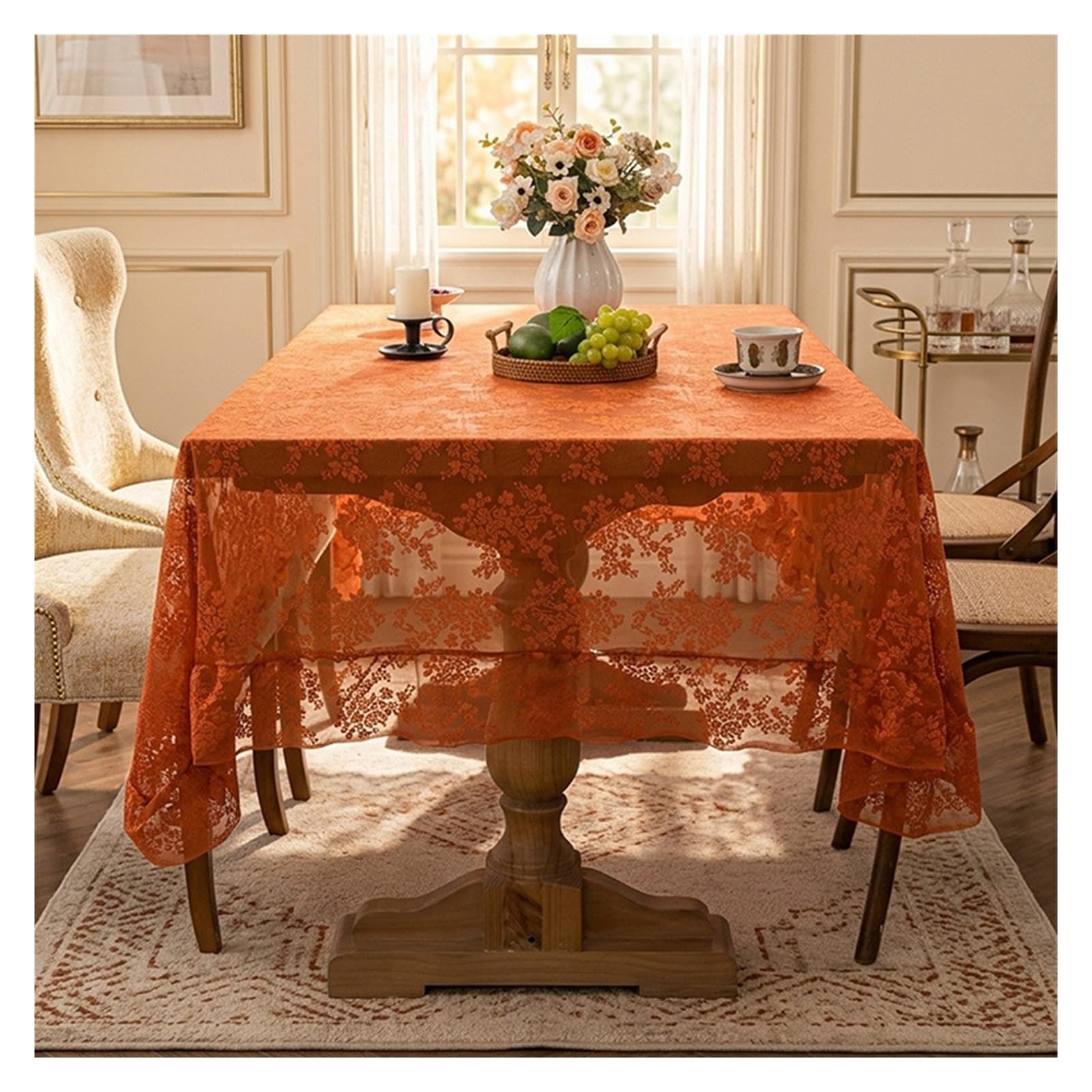 NJIEzhao Embroidered Lace Tablecloth Embroidered Lace Tablecloth Elegant Floral Rectangular Hollow Out Decorative Table Cover(Orange,140x100cm)