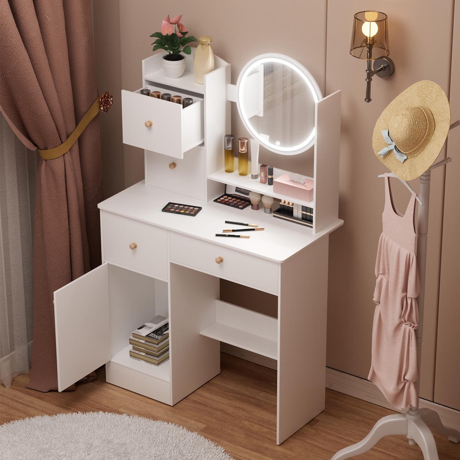 Escritorio de maquillaje con espejo iluminado LED, mesa de tocador con 2 cajones y estantes de apertura, tocador para dormitorio, escritorio de maquillaje para niñas para espacios pequeños,