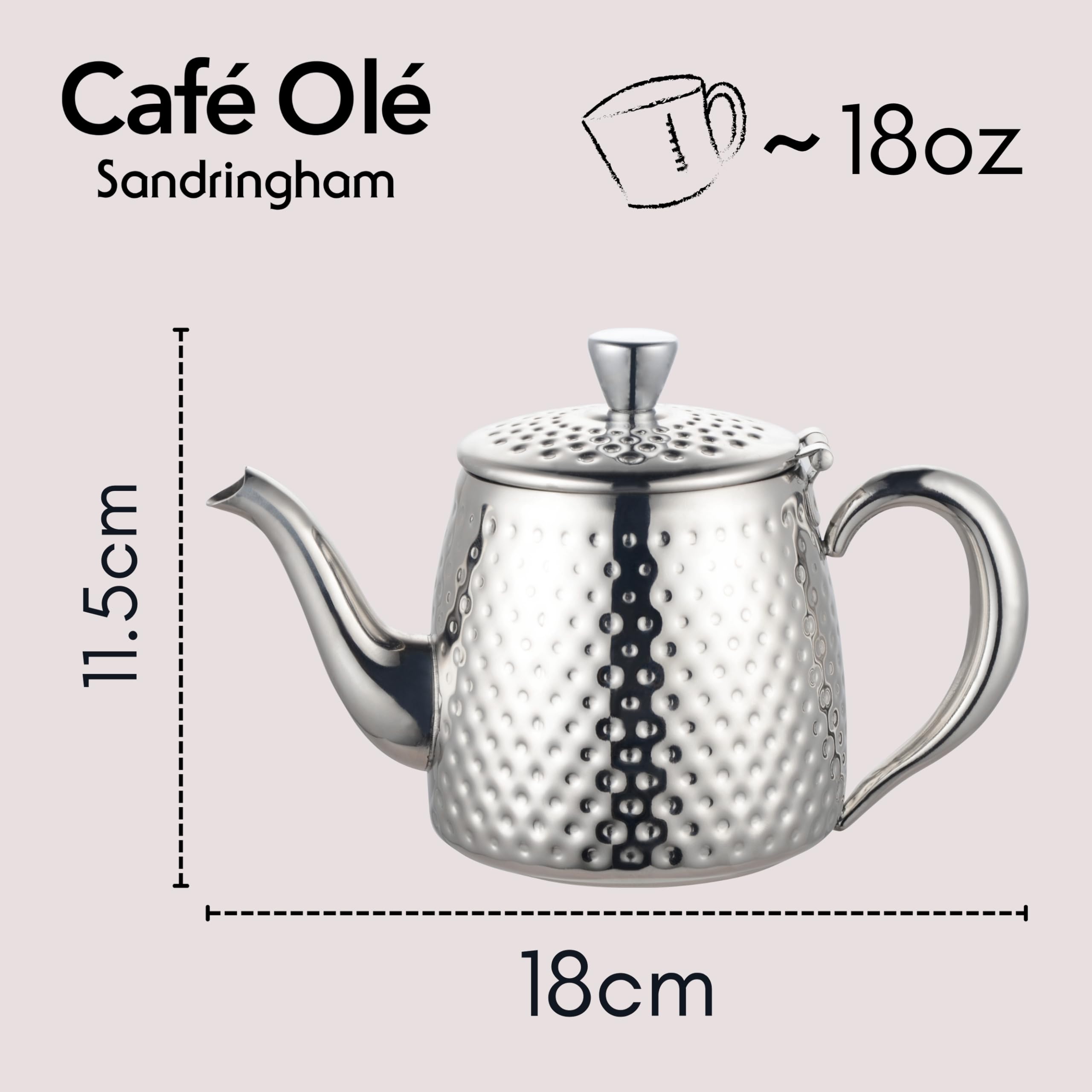 Café Olé SDT-018 - Teiera Sandringham, 500 ml, in acciaio inox 18/10 lucidato a specchio con finitura martellata