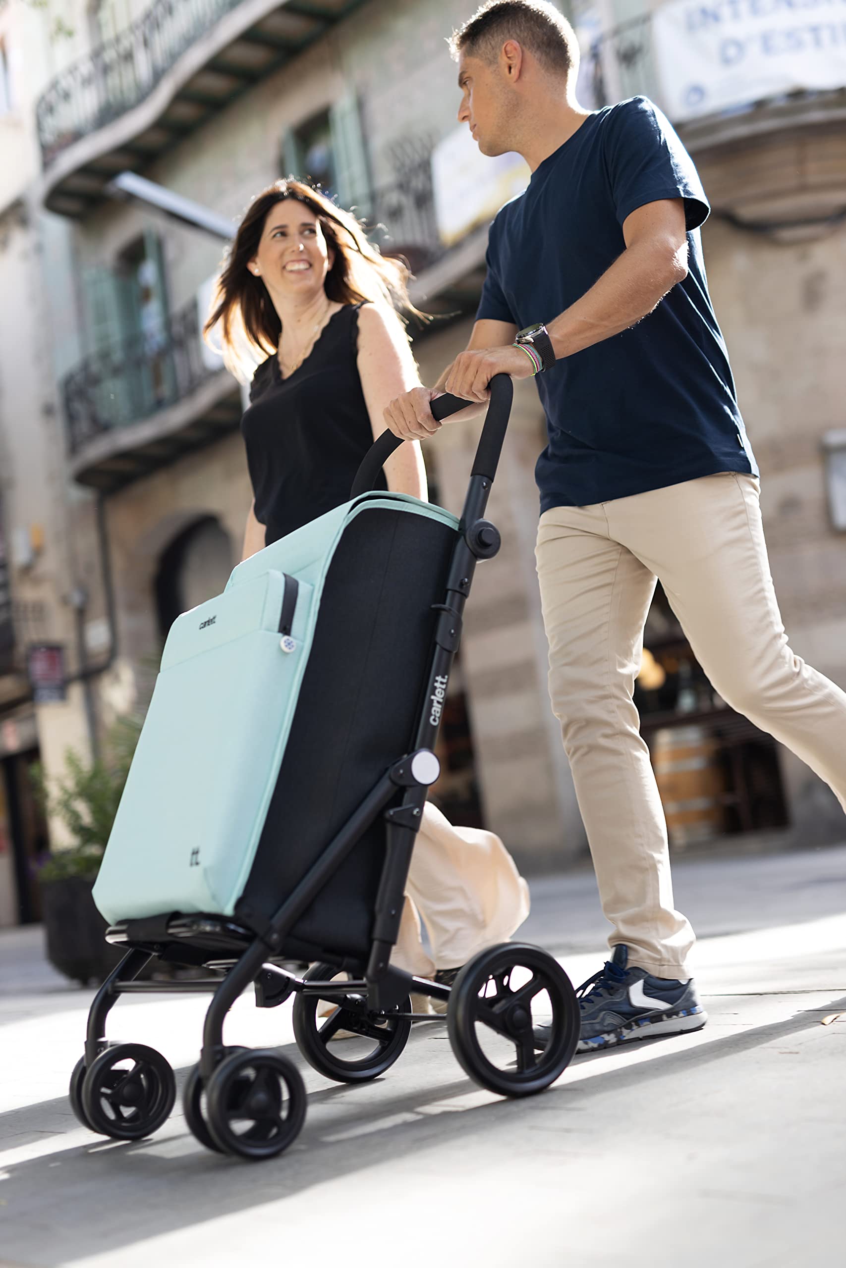 Carlett Faltbarer Einkaufstrolley mit 4 Rädern, erweiterbarer Tasche 62 L, 12‑L‑Thermofach, höhenverstellbarem Griff, Sicherheitsbremse und 360°-drehbaren Rädern – Urban Family, Schwarz