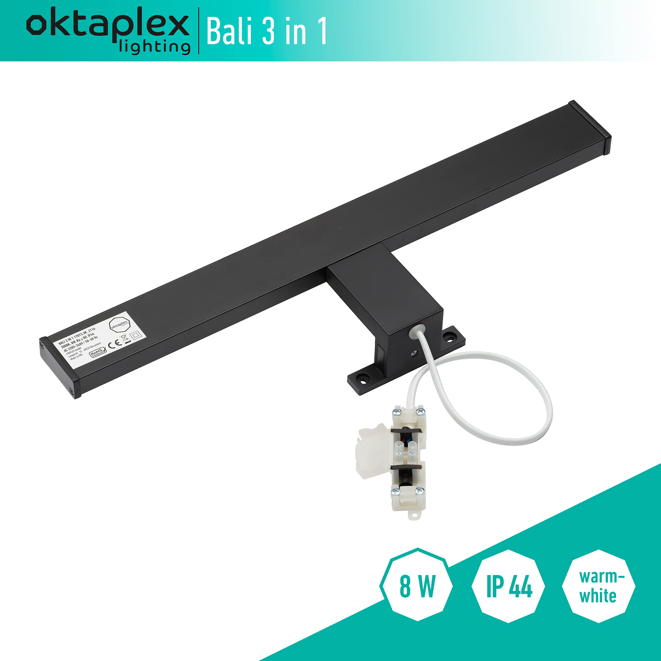 Oktaplex lighting LED Mirror Light Nero 40cm 3 in 1 Montaggio 3000K Bianco caldo 8W 570lm Lampada per specchio da bagno