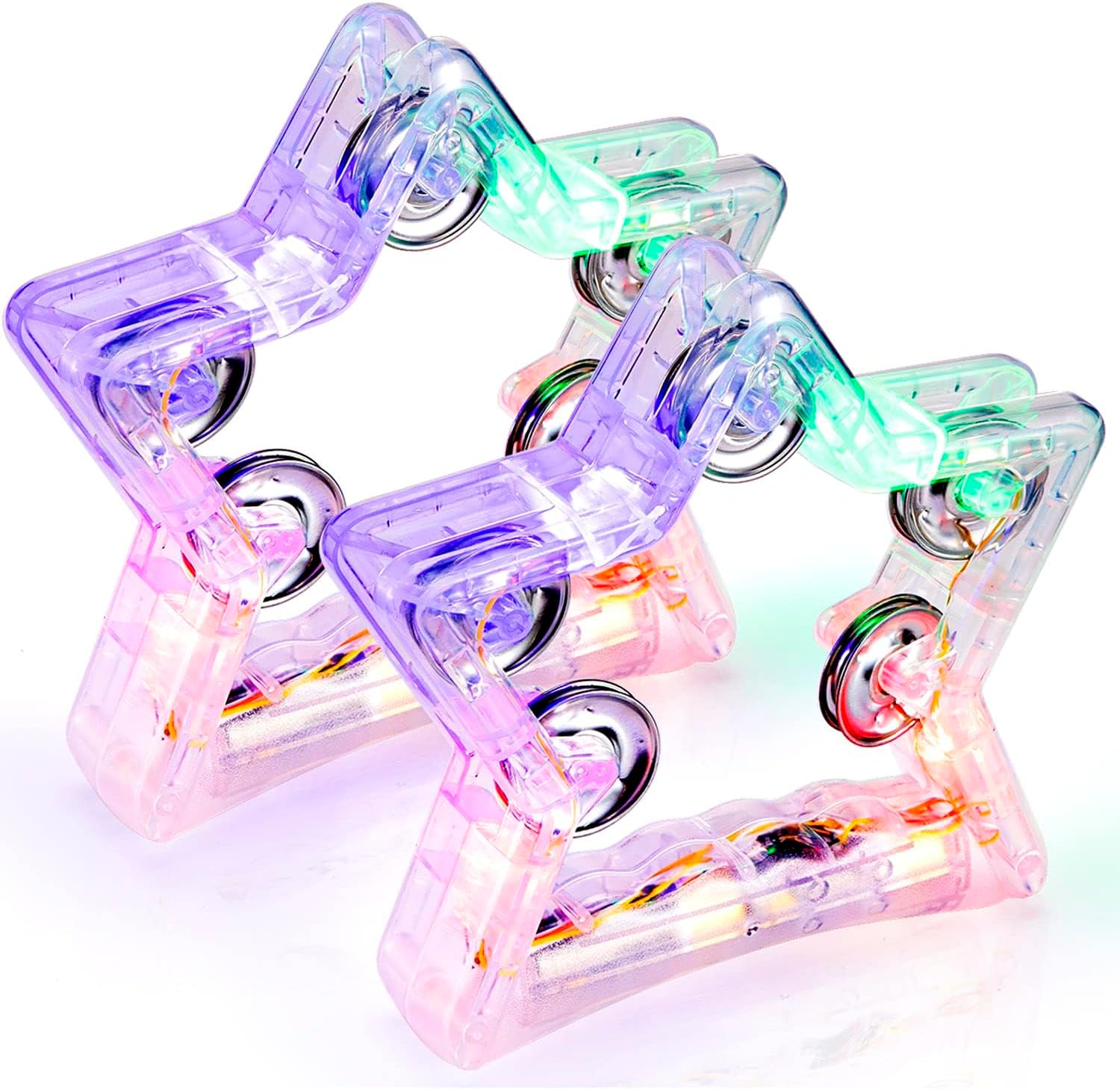 MAKINGTEC 2 Pack Light Up Tambourines Metal Jingles, 3 Modes LED Flashing Musical Tambourine Handheld Percussion Instrument Glow Tambourine for Wedding Party Halloween Christmas Music Stage