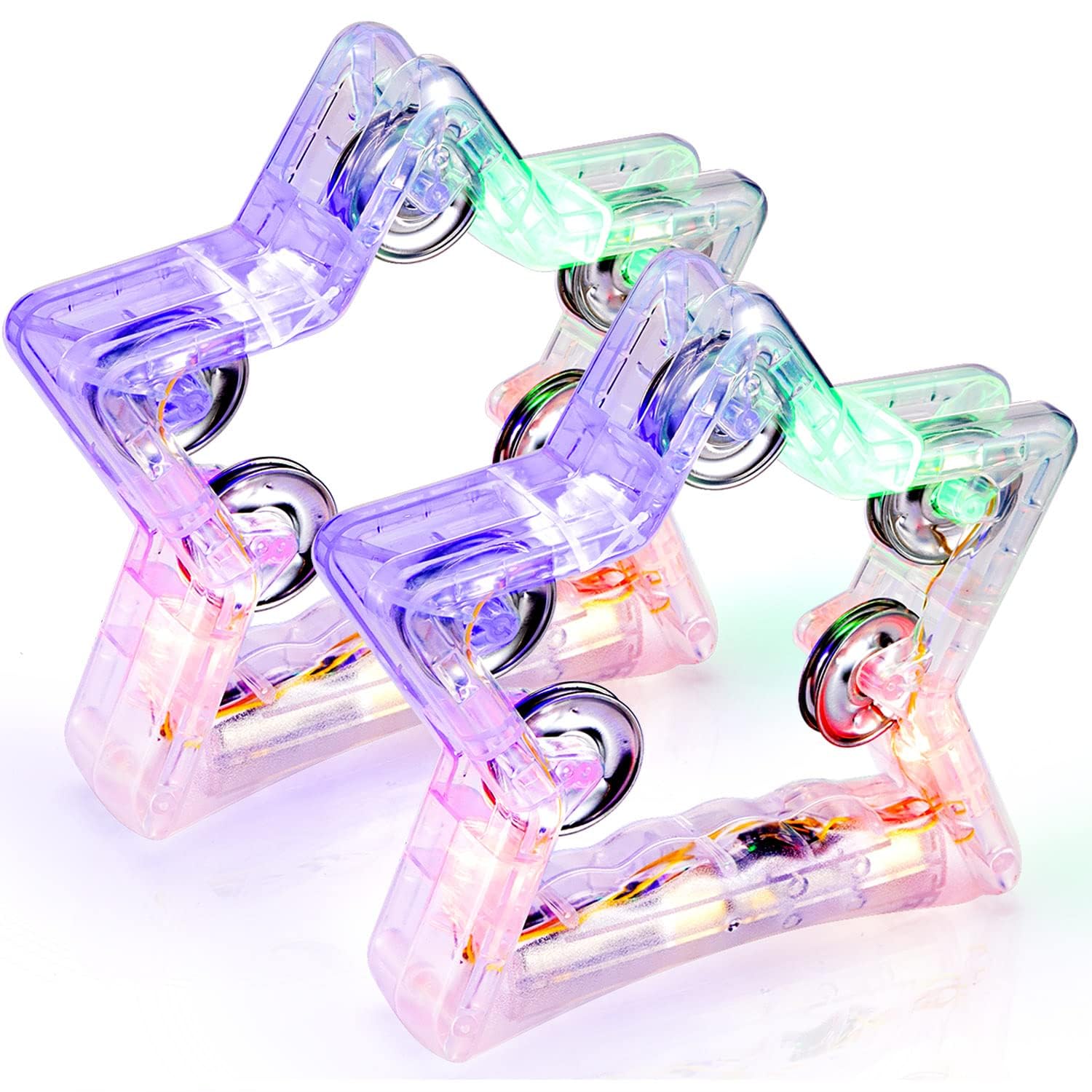 MAKINGTEC 2 Pack Light Up Tambourines Metal Jingles, 3 Modes LED Flashing Musical Tambourine Handheld Percussion Instrument Glow Tambourine for Wedding Party Halloween Christmas Music Stage