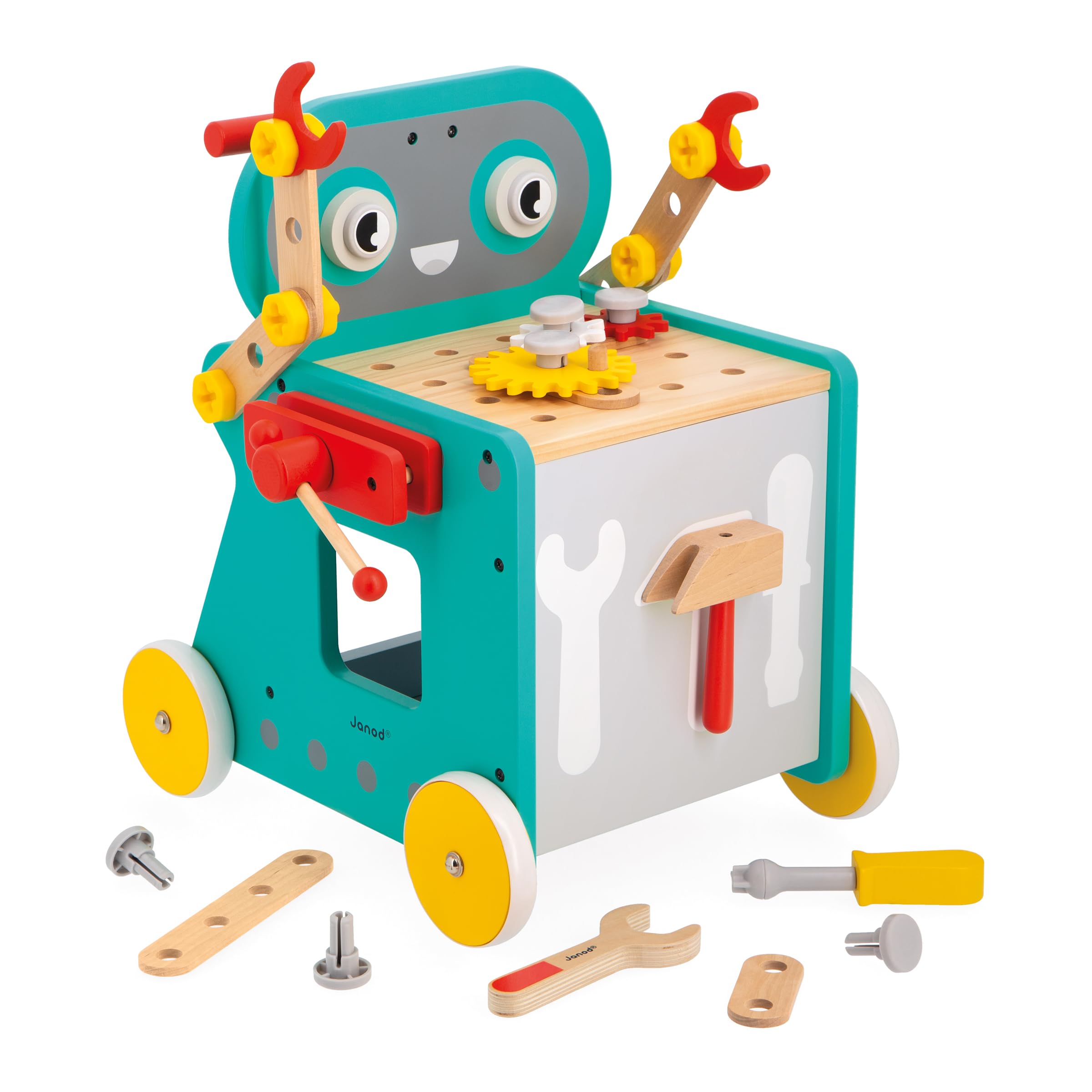 Janod - Brico'Kids Robot Cart - Children’s DIY Game - 38 Accessories + 3 Tools - Pretend Play Toy - Develops Fine Motor Skills - 18 Months +, J06456