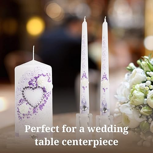 Miniatura 6 de Juego de velas de boda para ceremonia, color violeta, juego de 3 velas ceremoniales, pilar de 6 pulgadas y 2 velas cónicas de 10 pulgadas para boda