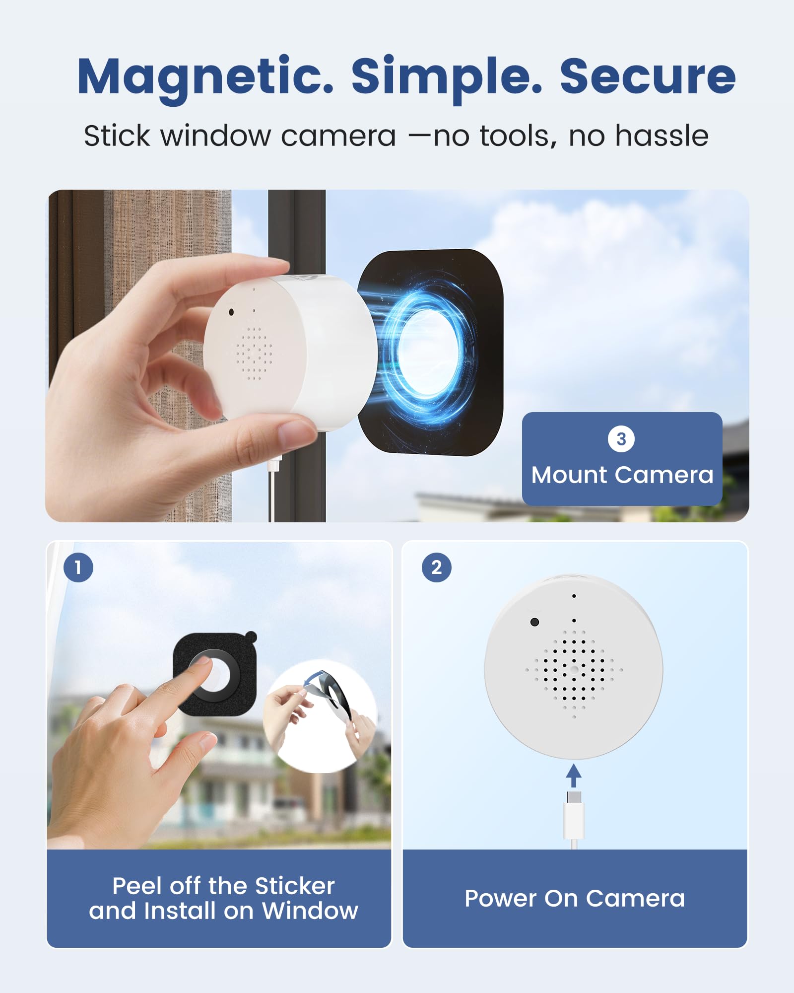 Telecamera Da Finestra 2K Wi-Fi Interno - Akinguar, 3MP, Visione Notturna A Colori, Rilevamento IA Persone/Veicoli, Installazione Magnetica - 3
