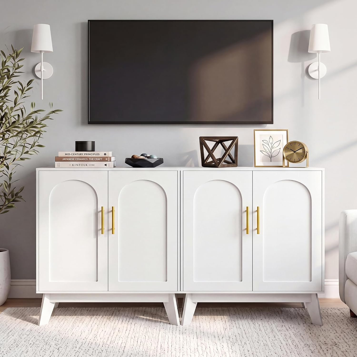 Modern Buffet Cabinet with Storage, Sideboard Storage Cabinet with Arched Doors, Solid Wood Legs & Adjustable Shelf, Coffee Bar Cabinet for Kitchen, Living Room, White