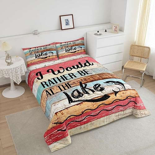 Miniatura 3 de Juego de edredón de casa de lago para niñas, tamaño Queen, estilo rústico de granja, juegos de ropa de cama de decoración de pesca para niños y