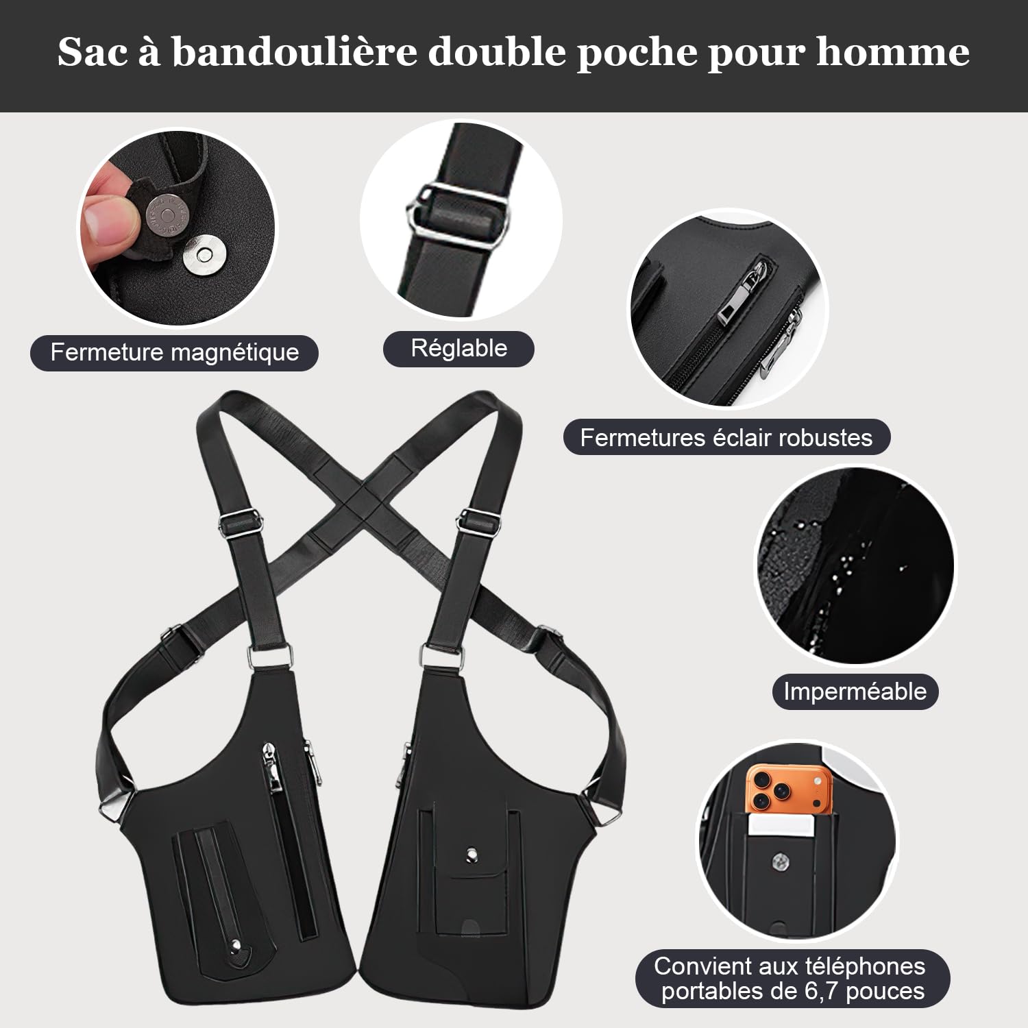 gresonic Sac Bandoulière Double Homme en Cuir Unisexe pour sous Les aisselles, Sac à bandoulière réglable avec Attraction magnétique Faible et Design Anti-vol Discret
